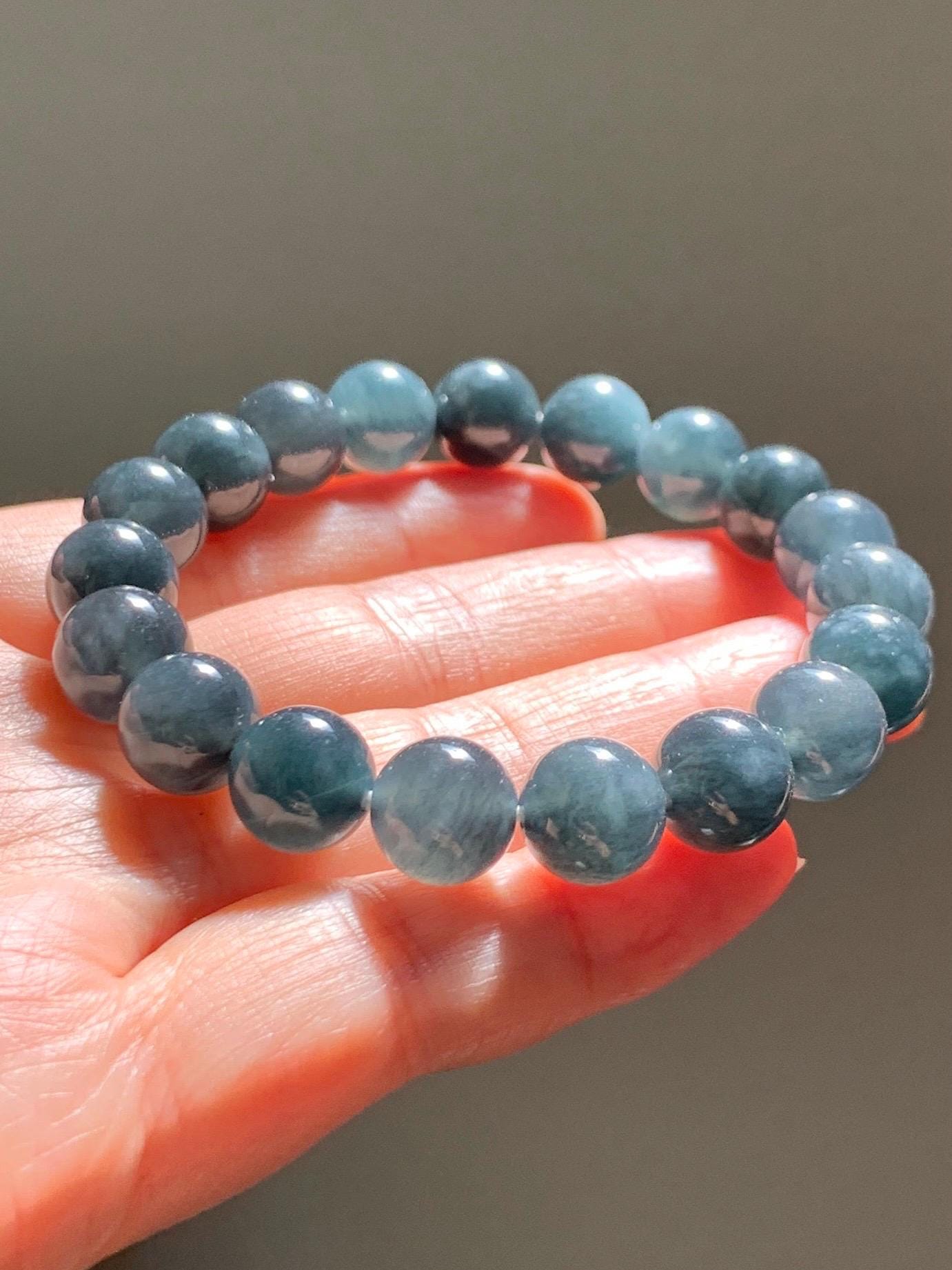 Grade A Natural Guatemalan Icy Translucent Dark Gray Wuji Marbled Jade Jadeite Beaded Bracelet 9.8mm 7” 31g 天然冰胶危深蓝乌鸡翡翠手串 WWJ350