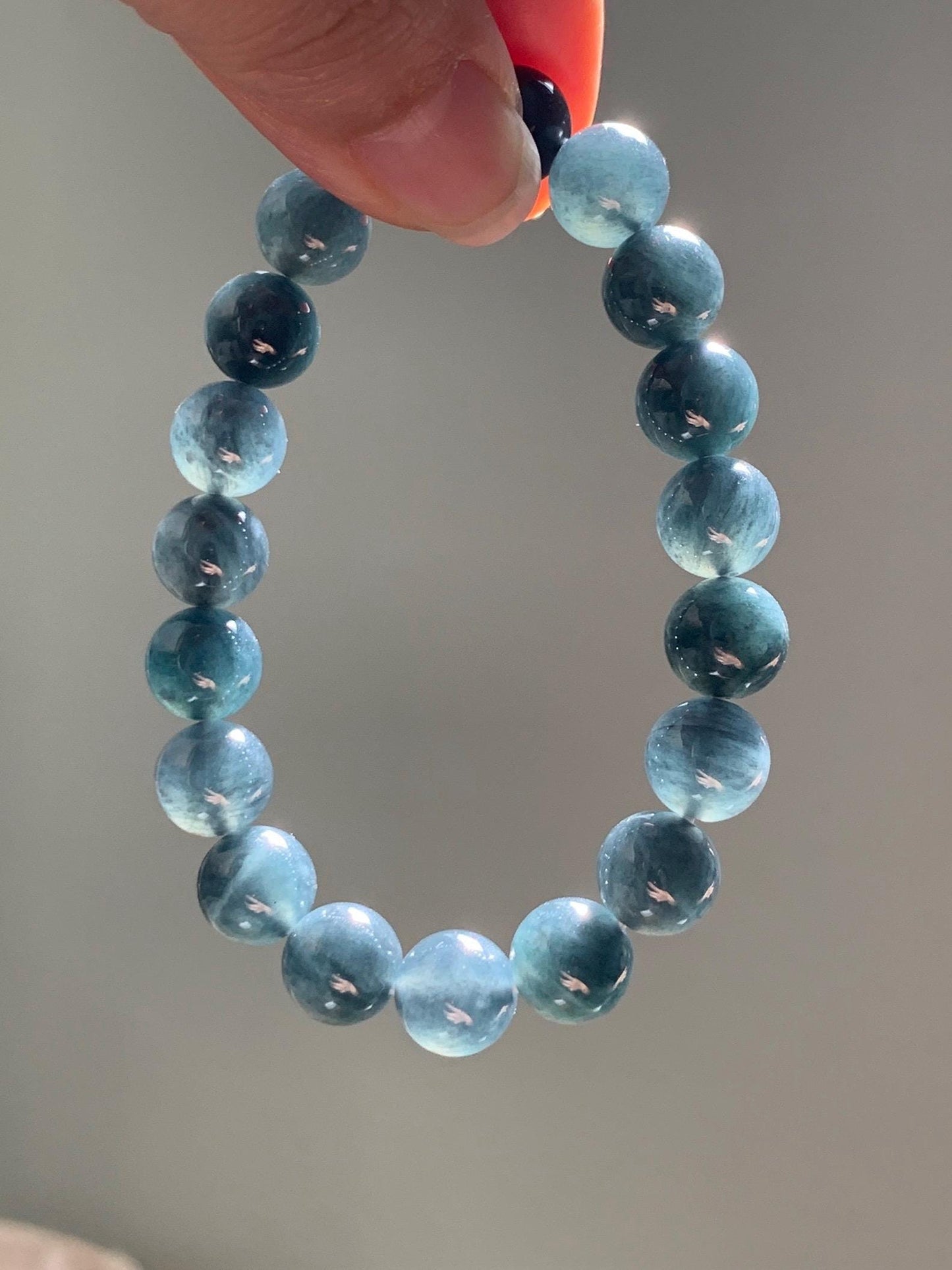 Grade A Natural Guatemalan Icy Translucent Dark Gray Wuji Marbled Jade Jadeite Beaded Bracelet 9.8mm 7” 31g 天然冰胶危深蓝乌鸡翡翠手串 WWJ350