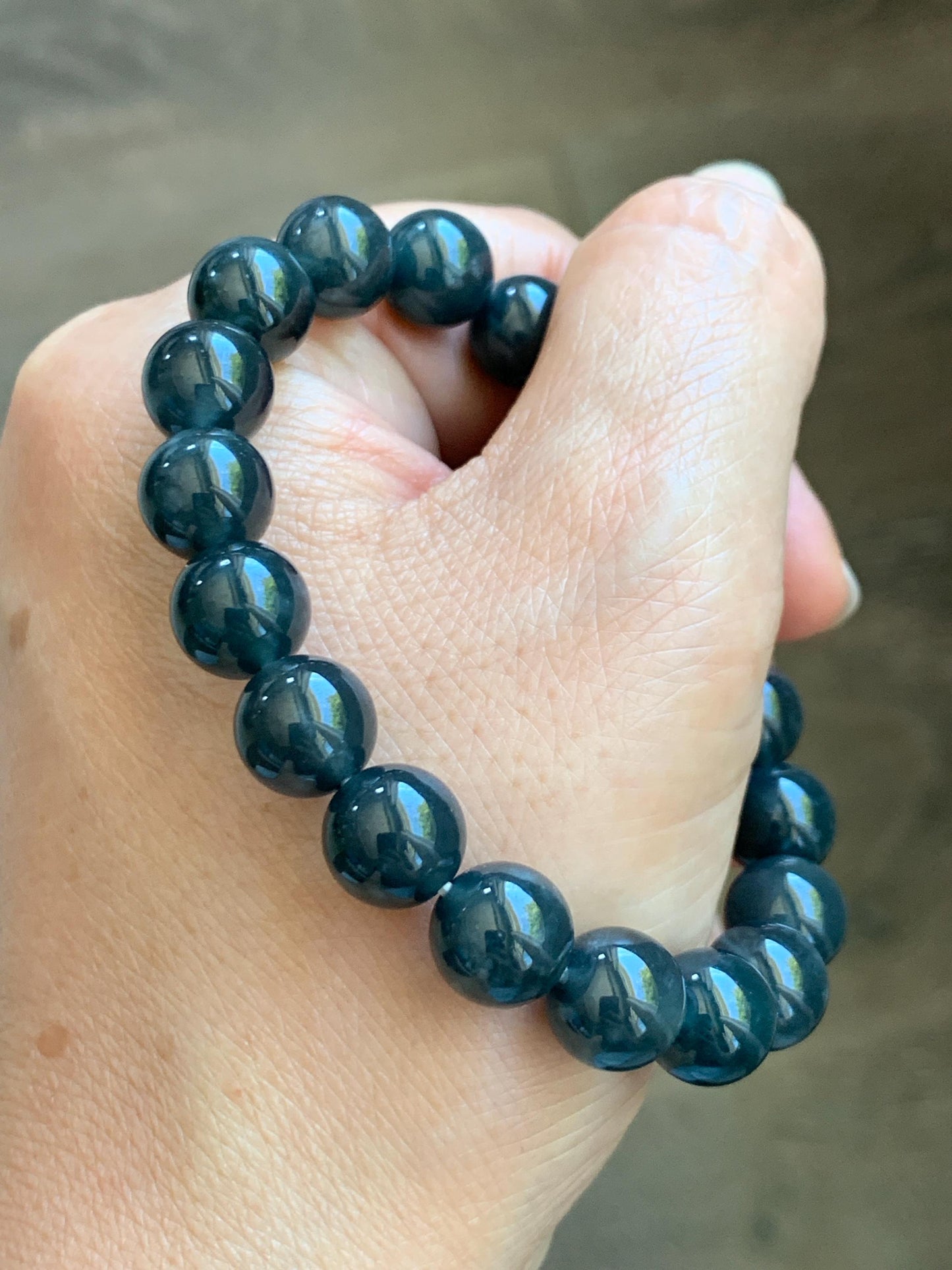 Grade A Natural Guatemalan Icy Translucent Dark Gray Wuji Marbled Jade Jadeite Beaded Bracelet 9.8mm 7” 31g 天然冰胶危深蓝乌鸡翡翠手串 WWJ350