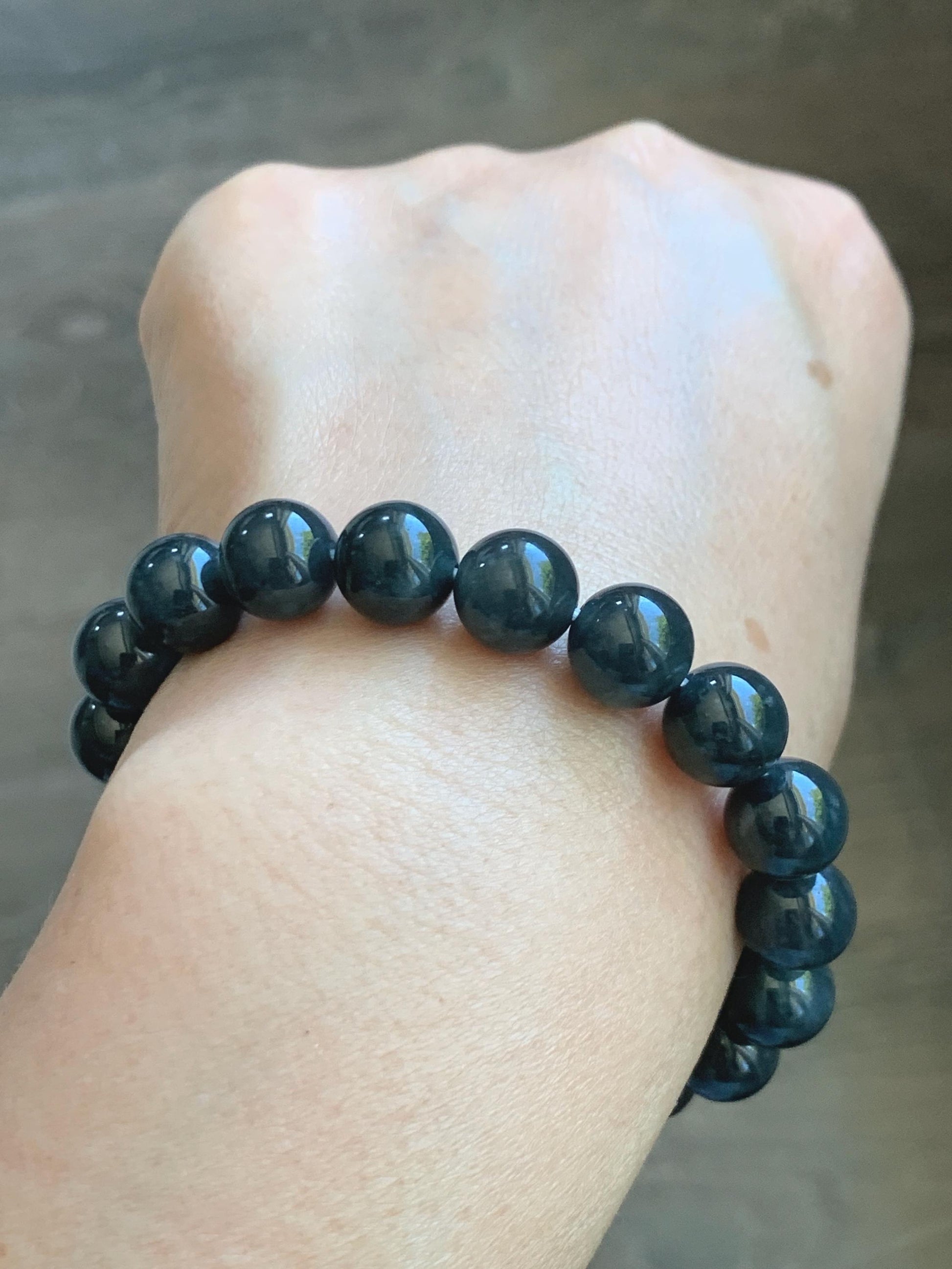 Grade A Natural Guatemalan Icy Translucent Dark Gray Wuji Marbled Jade Jadeite Beaded Bracelet 9.8mm 7” 31g 天然冰胶危深蓝乌鸡翡翠手串 WWJ350