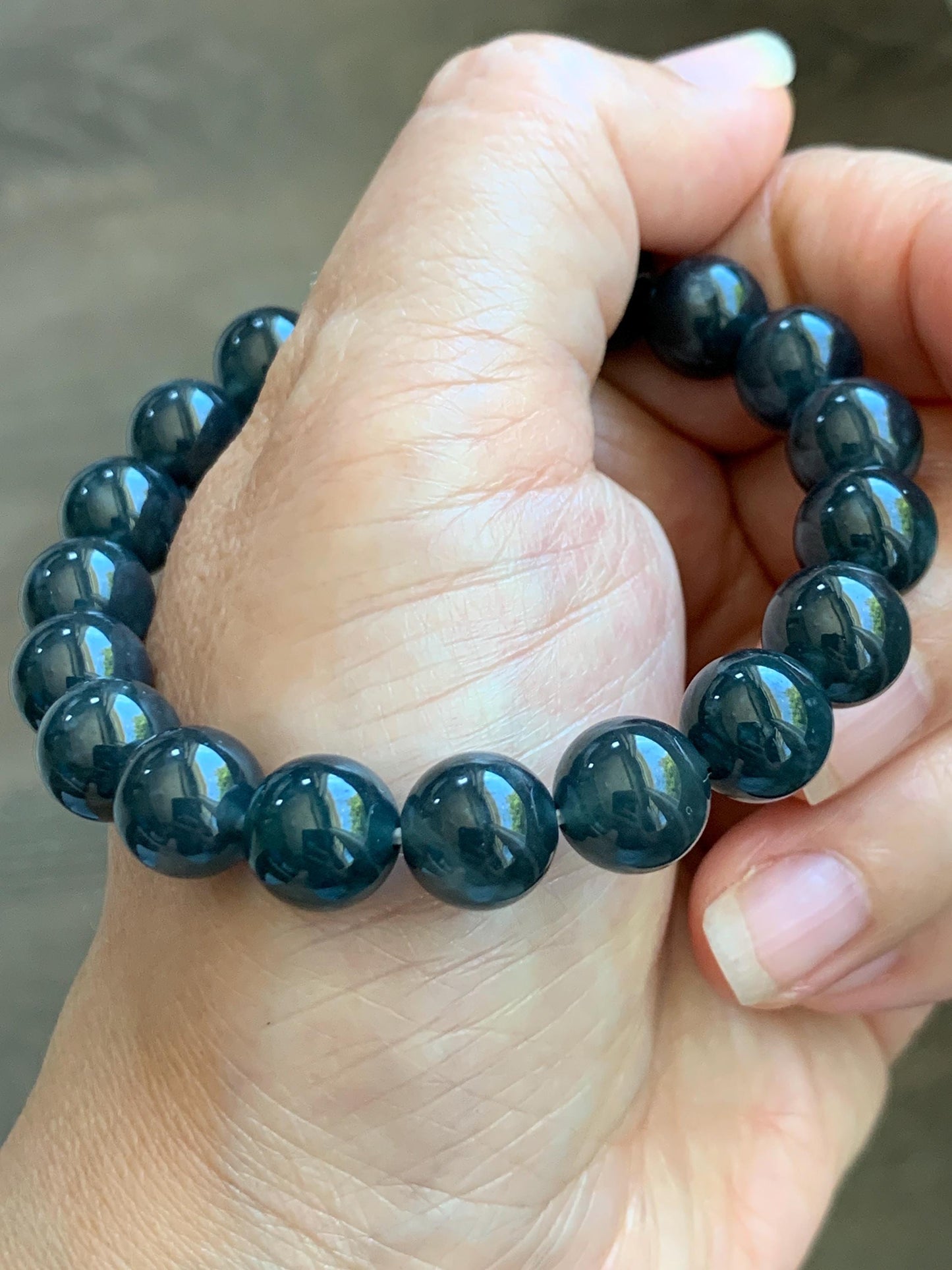 Grade A Natural Guatemalan Icy Translucent Dark Gray Wuji Marbled Jade Jadeite Beaded Bracelet 9.8mm 7” 31g 天然冰胶危深蓝乌鸡翡翠手串 WWJ350
