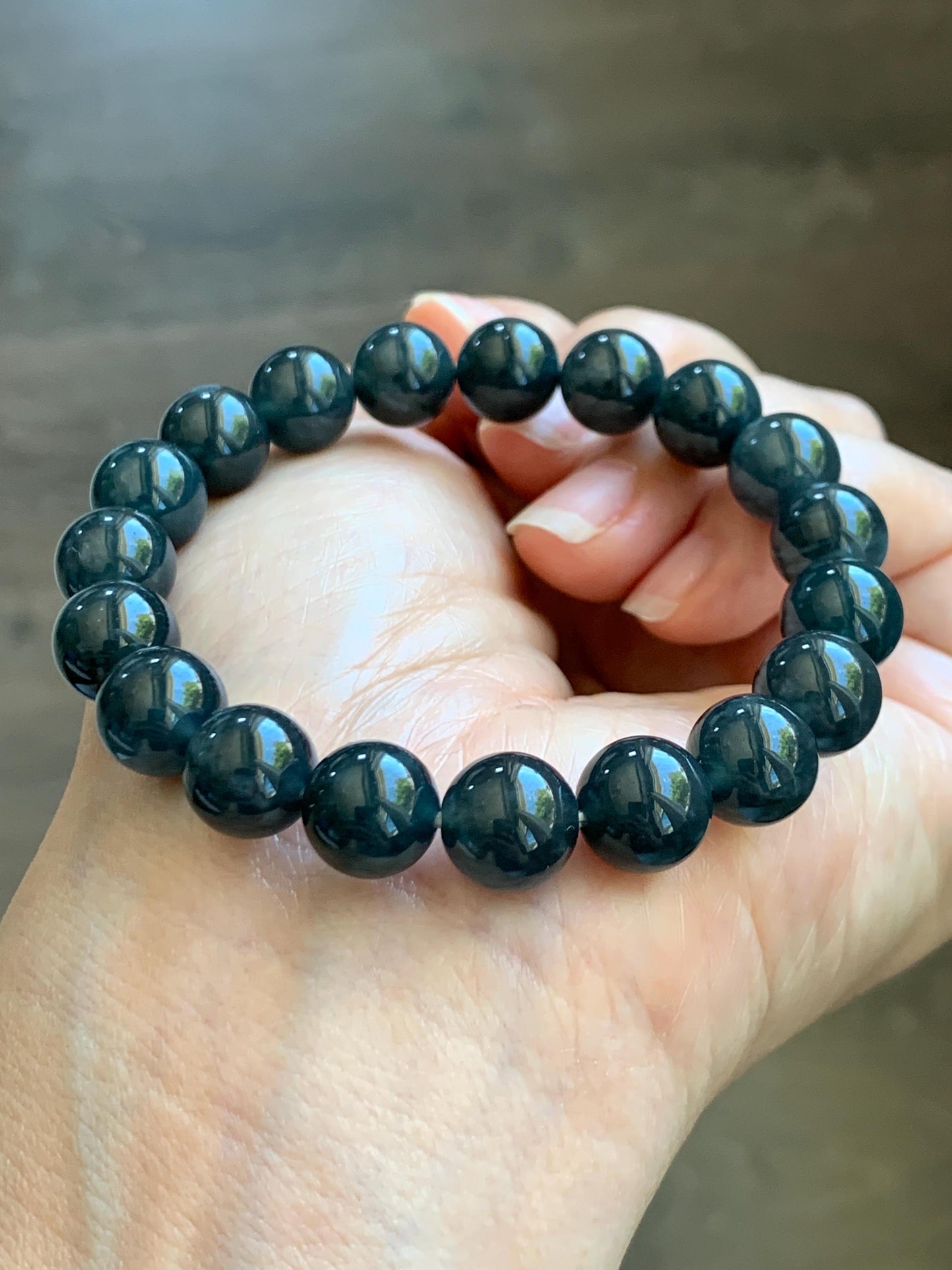 Grade A Natural Guatemalan Icy Translucent Dark Gray Wuji Marbled Jade Jadeite Beaded Bracelet 9.8mm 7” 31g 天然冰胶危深蓝乌鸡翡翠手串 WWJ350