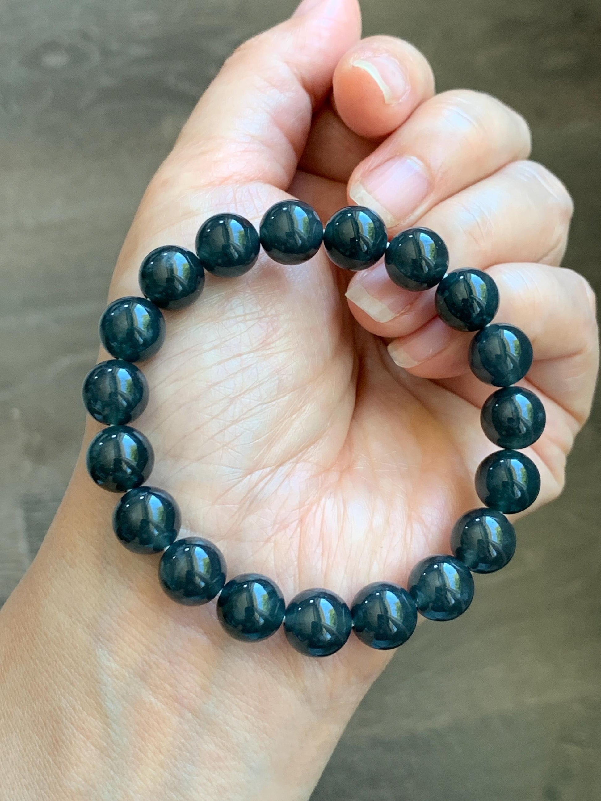 Grade A Natural Guatemalan Icy Translucent Dark Gray Wuji Marbled Jade Jadeite Beaded Bracelet 9.8mm 7” 31g 天然冰胶危深蓝乌鸡翡翠手串 WWJ350