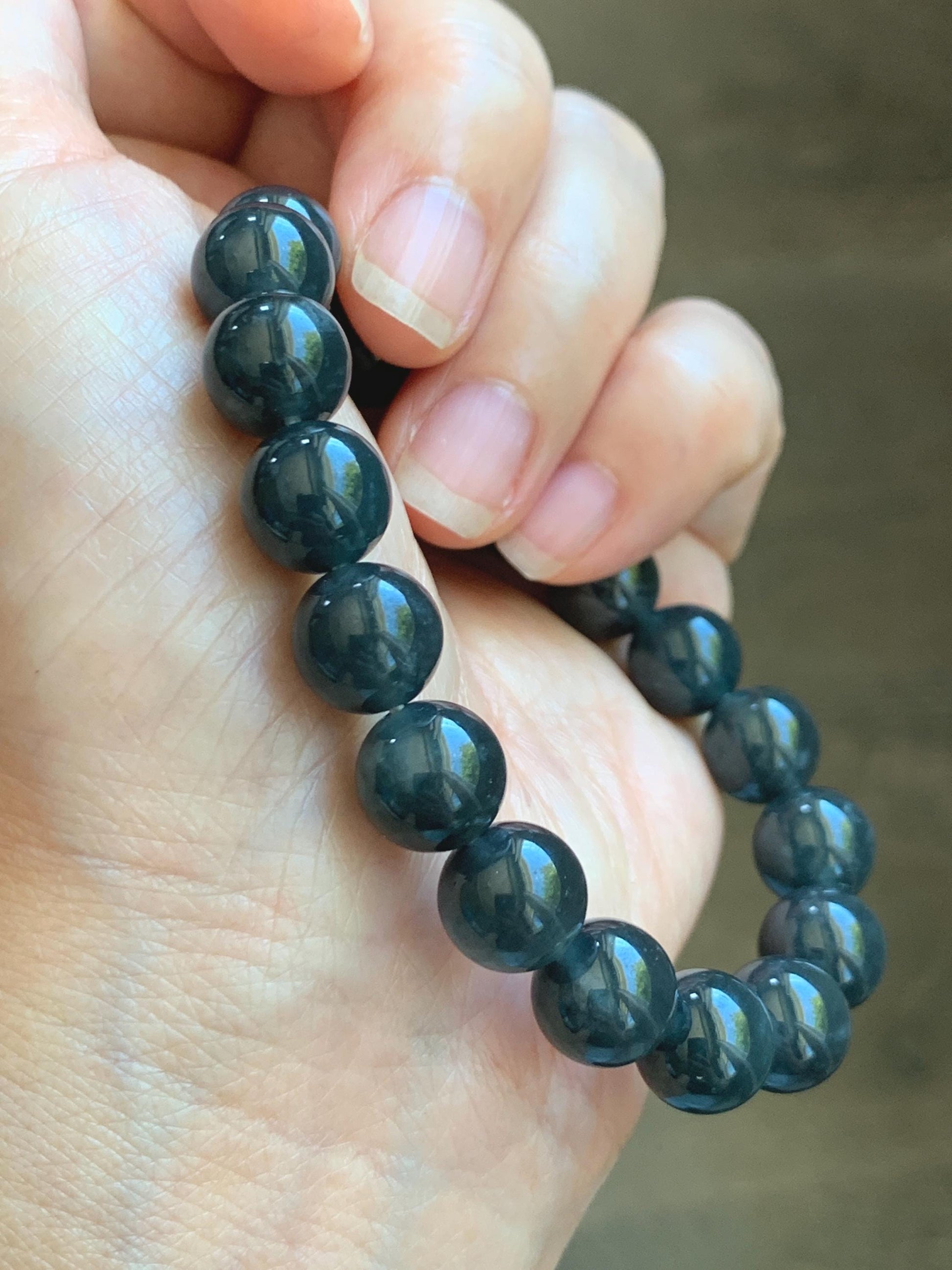 Grade A Natural Guatemalan Icy Translucent Dark Gray Wuji Marbled Jade Jadeite Beaded Bracelet 9.8mm 7” 31g 天然冰胶危深蓝乌鸡翡翠手串 WWJ350