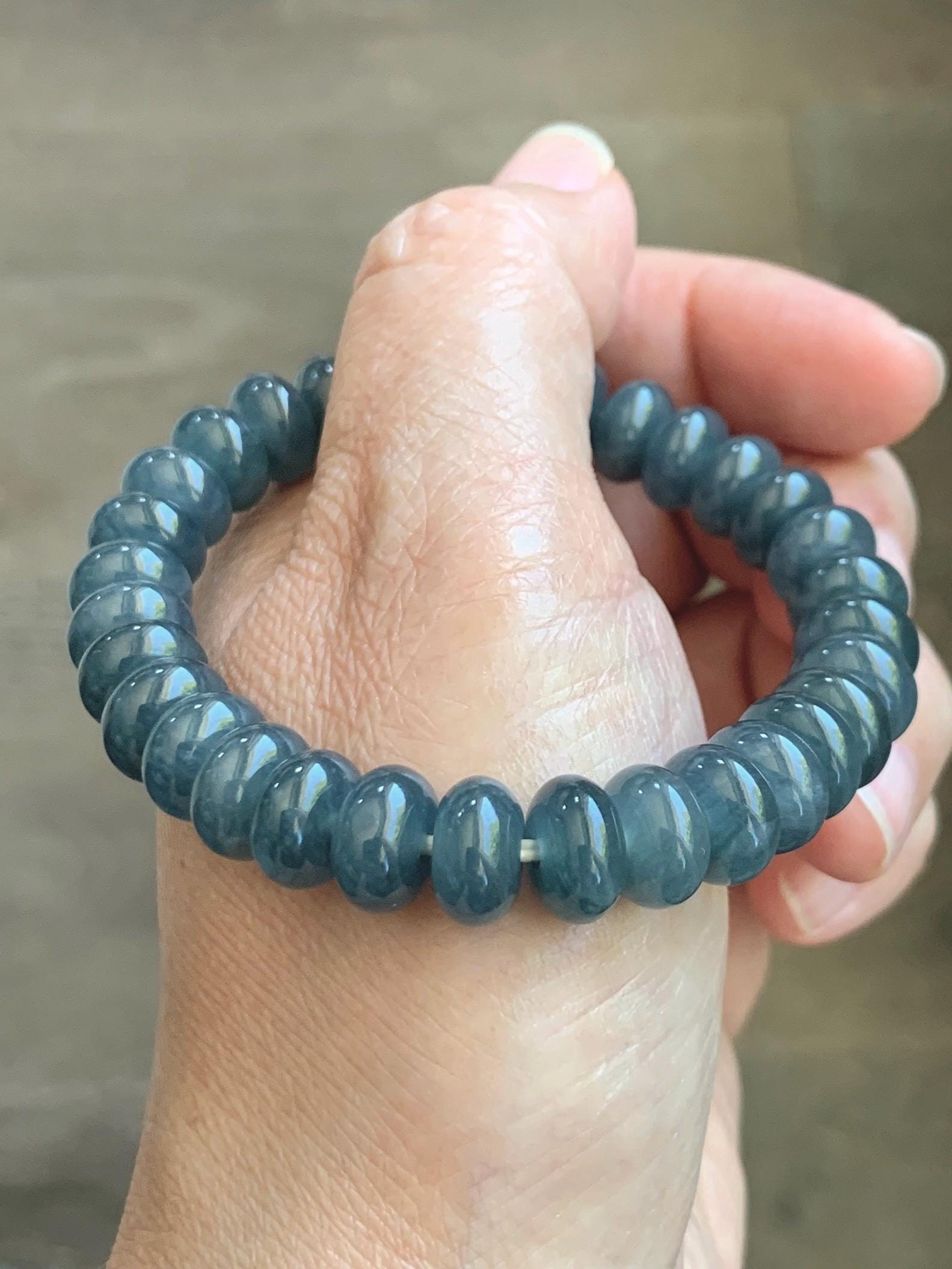 Natural Grade A Guatemalan Icy Translucent Dusty Aegean Blue Jade Jadeite Largr Drum Beads Beaded Bracelet 7.25” 35g 天然冰危暗蓝翡翠鼓珠手串 WAN496A