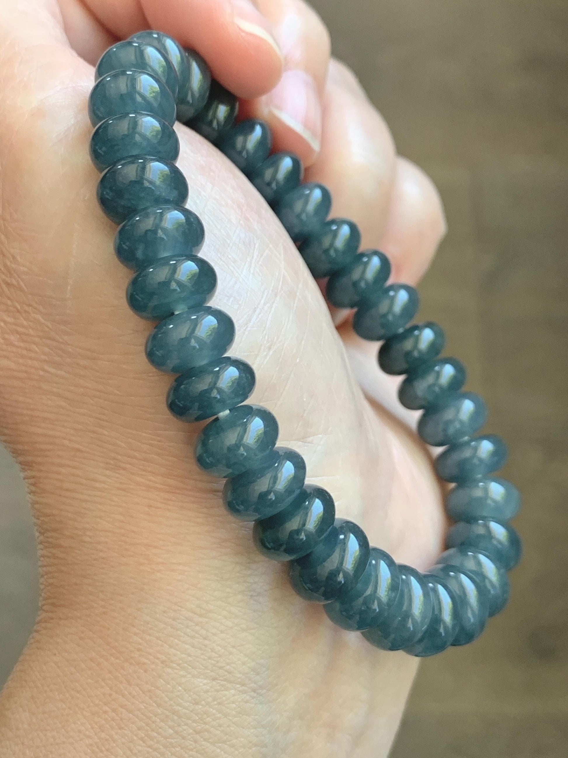 Natural Grade A Guatemalan Icy Translucent Dusty Aegean Blue Jade Jadeite Largr Drum Beads Beaded Bracelet 7.25” 35g 天然冰危暗蓝翡翠鼓珠手串 WAN496A