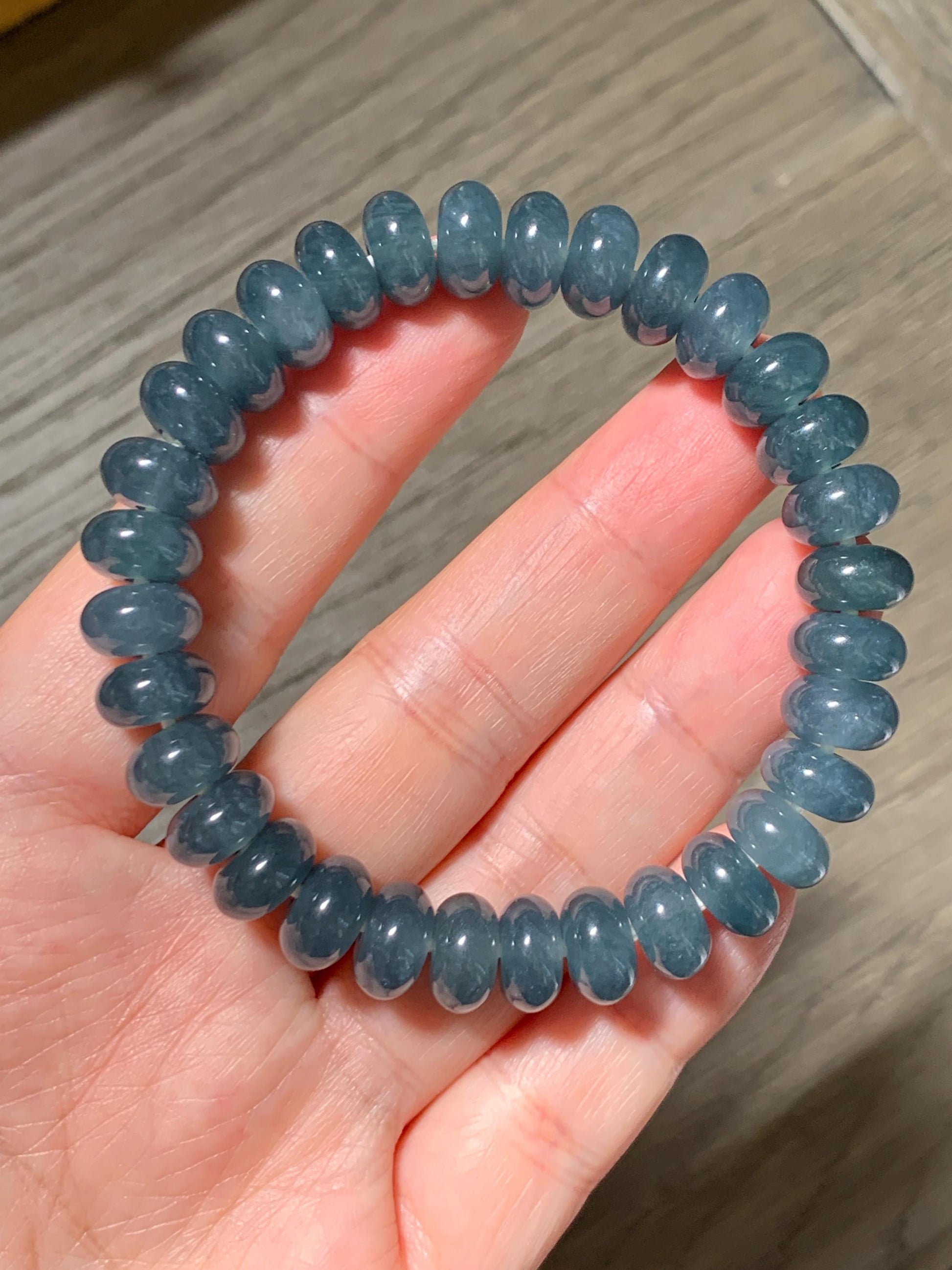 Natural Grade A Guatemalan Icy Translucent Dusty Aegean Blue Jade Jadeite Largr Drum Beads Beaded Bracelet 7.25” 35g 天然冰危暗蓝翡翠鼓珠手串 WAN496A