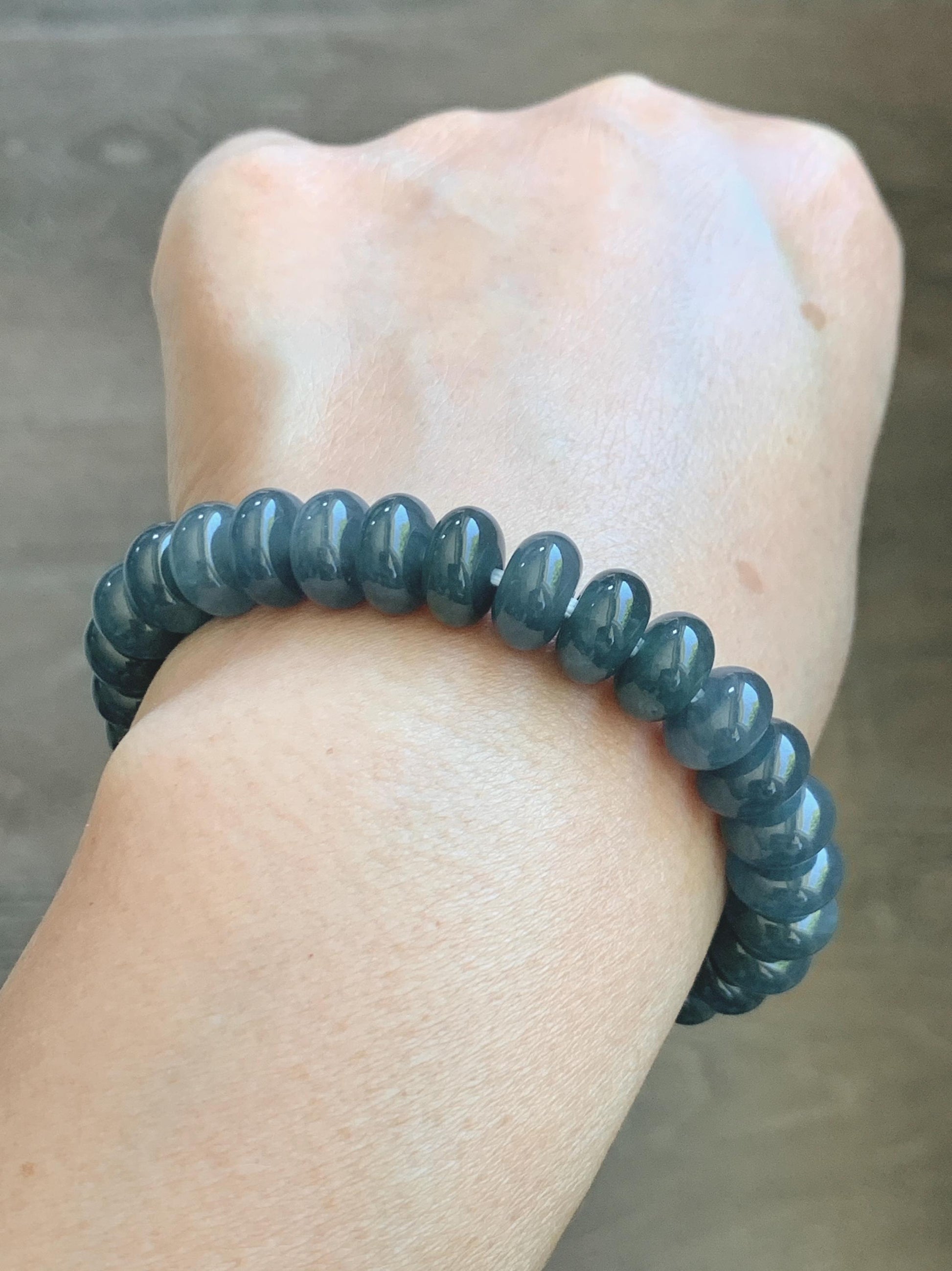 Natural Grade A Guatemalan Icy Translucent Dusty Aegean Blue Jade Jadeite Largr Drum Beads Beaded Bracelet 7.25” 35g 天然冰危暗蓝翡翠鼓珠手串 WAN496A