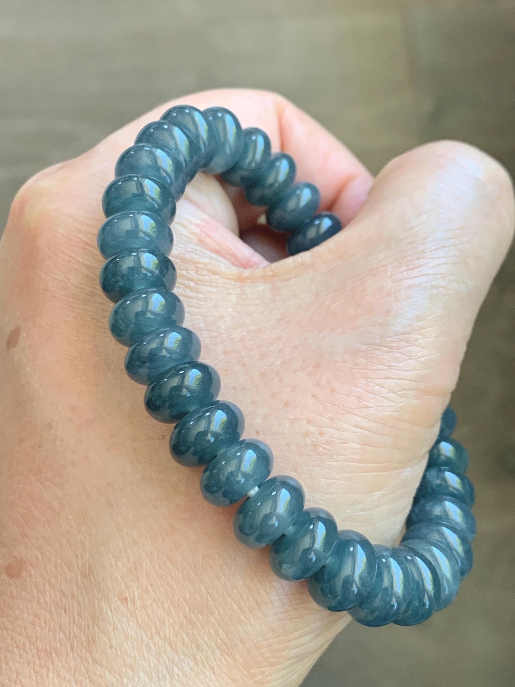 Natural Grade A Guatemalan Icy Translucent Dusty Aegean Blue Jade Jadeite Largr Drum Beads Beaded Bracelet 7.25” 35g 天然冰危暗蓝翡翠鼓珠手串 WAN496A