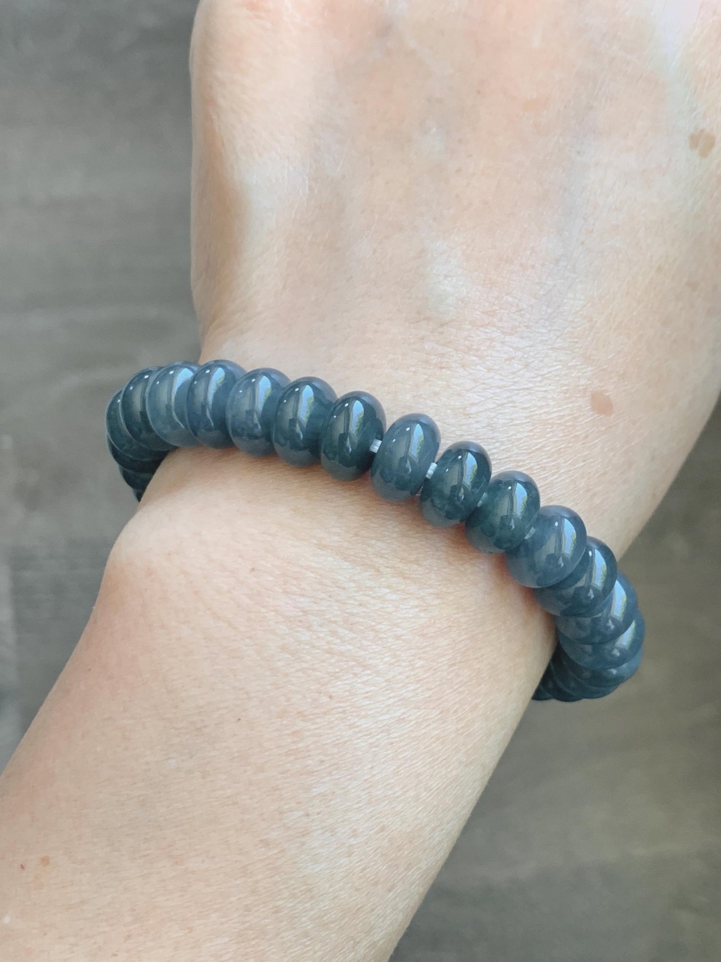 Natural Grade A Guatemalan Icy Translucent Dusty Aegean Blue Jade Jadeite Largr Drum Beads Beaded Bracelet 7.25” 35g 天然冰危暗蓝翡翠鼓珠手串 WAN496A