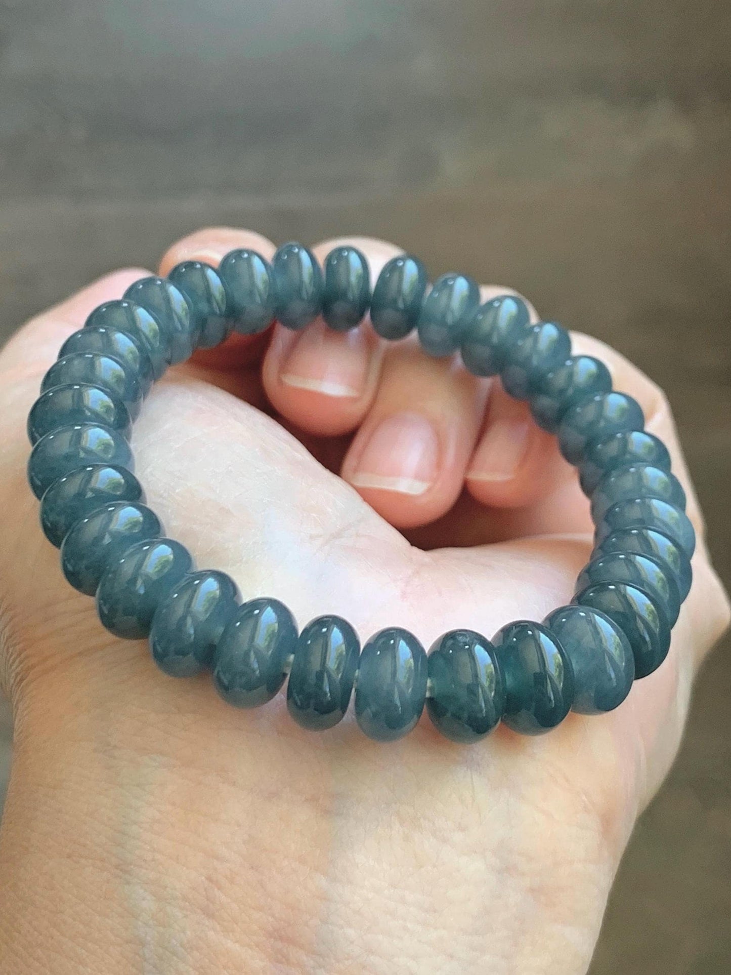Natural Grade A Guatemalan Icy Translucent Dusty Aegean Blue Jade Jadeite Largr Drum Beads Beaded Bracelet 7.25” 35g 天然冰危暗蓝翡翠鼓珠手串 WAN496A