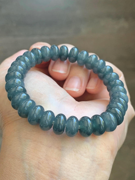 Natural Grade A Guatemalan Icy Translucent Dusty Aegean Blue Jade Jadeite Largr Drum Beads Beaded Bracelet 7.25” 35g 天然冰危暗蓝翡翠鼓珠手串 WAN496A