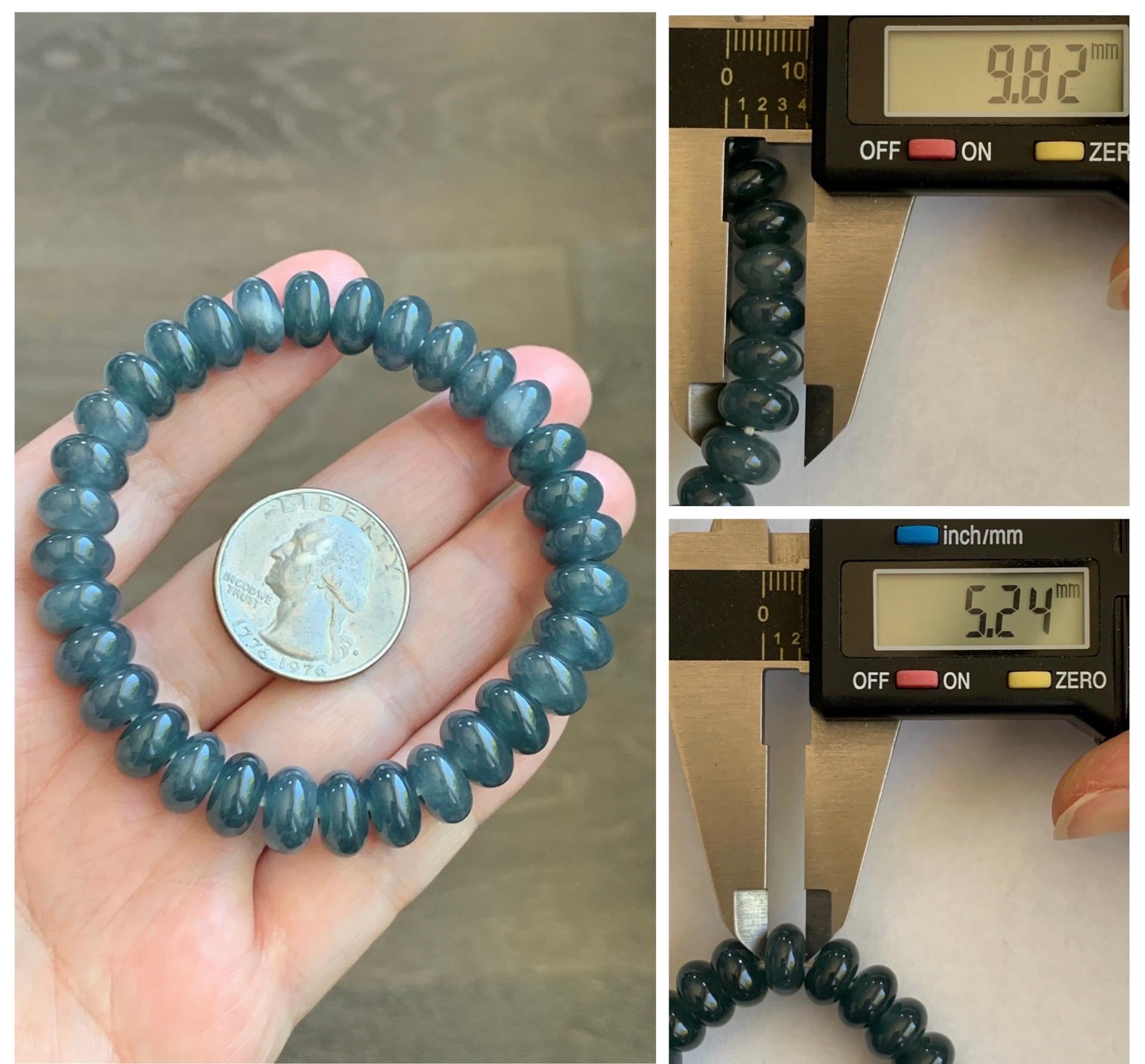 Natural Grade A Guatemalan Icy Translucent Dusty Aegean Blue Jade Jadeite Largr Drum Beads Beaded Bracelet 7.25” 35g 天然冰危暗蓝翡翠鼓珠手串 WAN496B