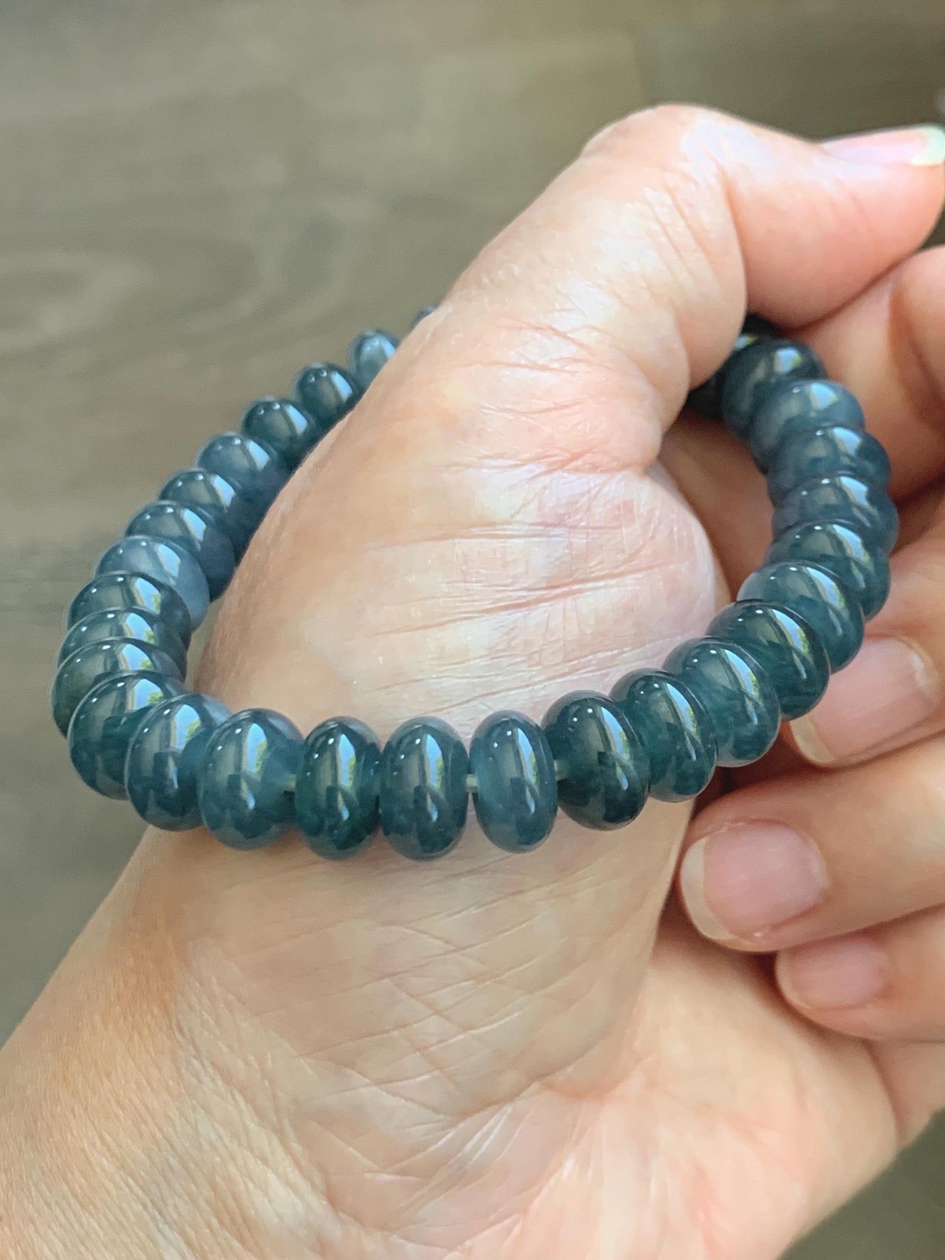 Natural Grade A Guatemalan Icy Translucent Dusty Aegean Blue Jade Jadeite Largr Drum Beads Beaded Bracelet 7.25” 35g 天然冰危暗蓝翡翠鼓珠手串 WAN496B