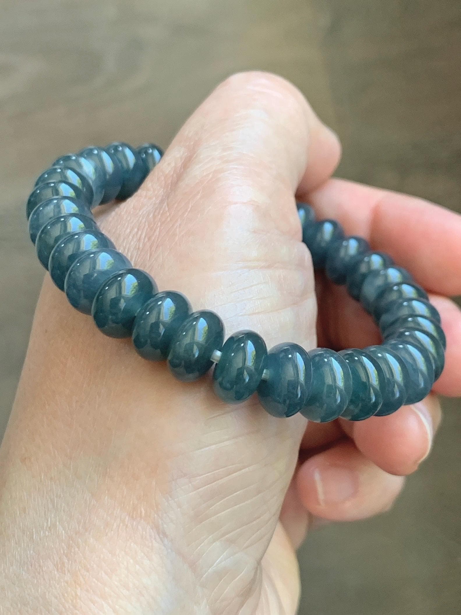 Natural Grade A Guatemalan Icy Translucent Dusty Aegean Blue Jade Jadeite Largr Drum Beads Beaded Bracelet 7.25” 35g 天然冰危暗蓝翡翠鼓珠手串 WAN496B