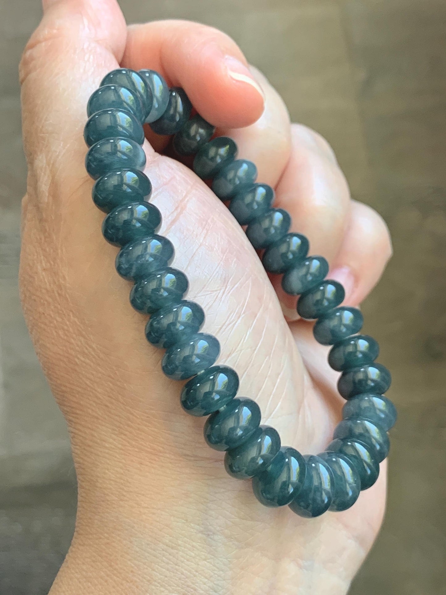 Natural Grade A Guatemalan Icy Translucent Dusty Aegean Blue Jade Jadeite Largr Drum Beads Beaded Bracelet 7.25” 35g 天然冰危暗蓝翡翠鼓珠手串 WAN496B