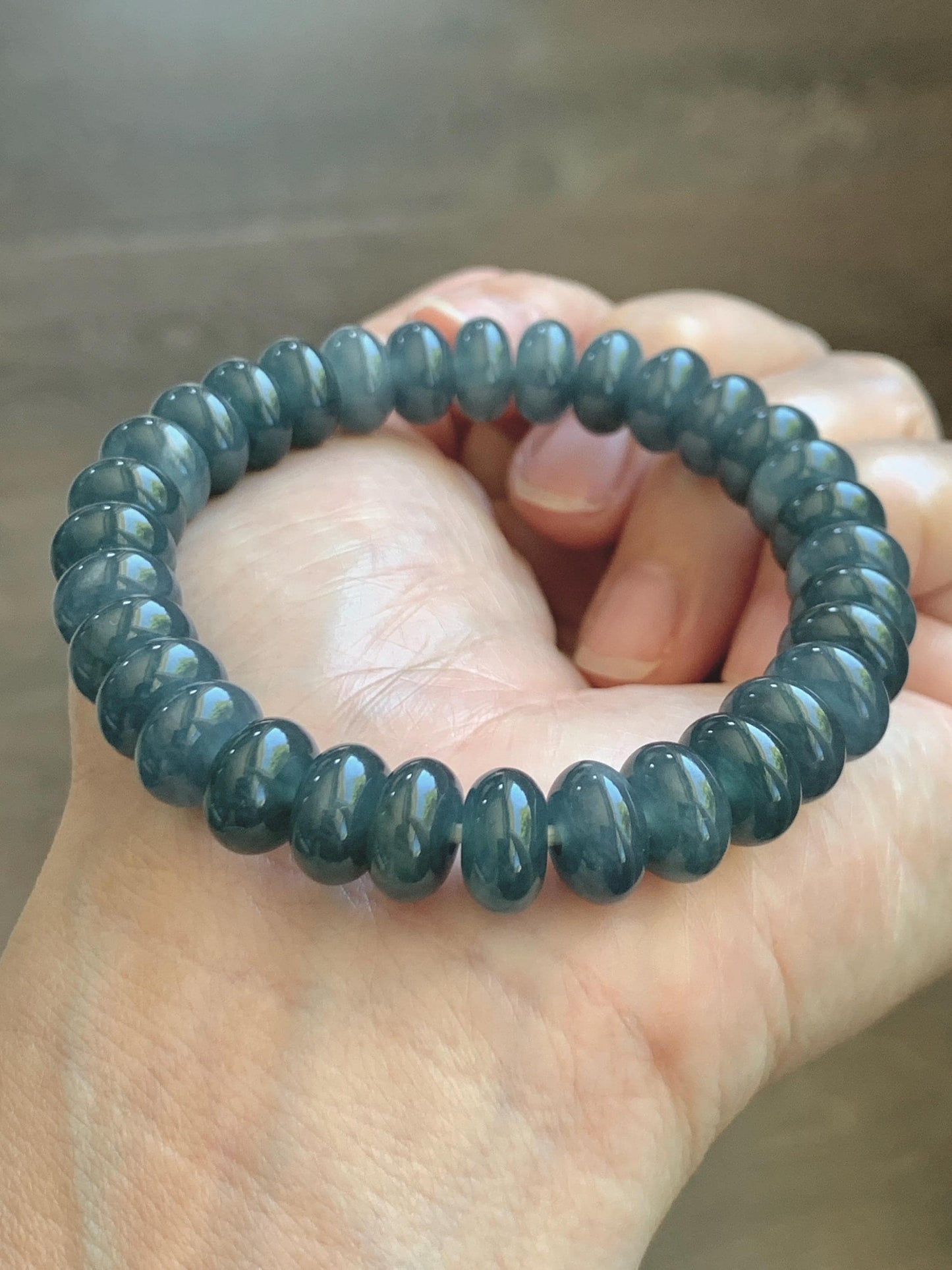 Natural Grade A Guatemalan Icy Translucent Dusty Aegean Blue Jade Jadeite Largr Drum Beads Beaded Bracelet 7.25” 35g 天然冰危暗蓝翡翠鼓珠手串 WAN496B