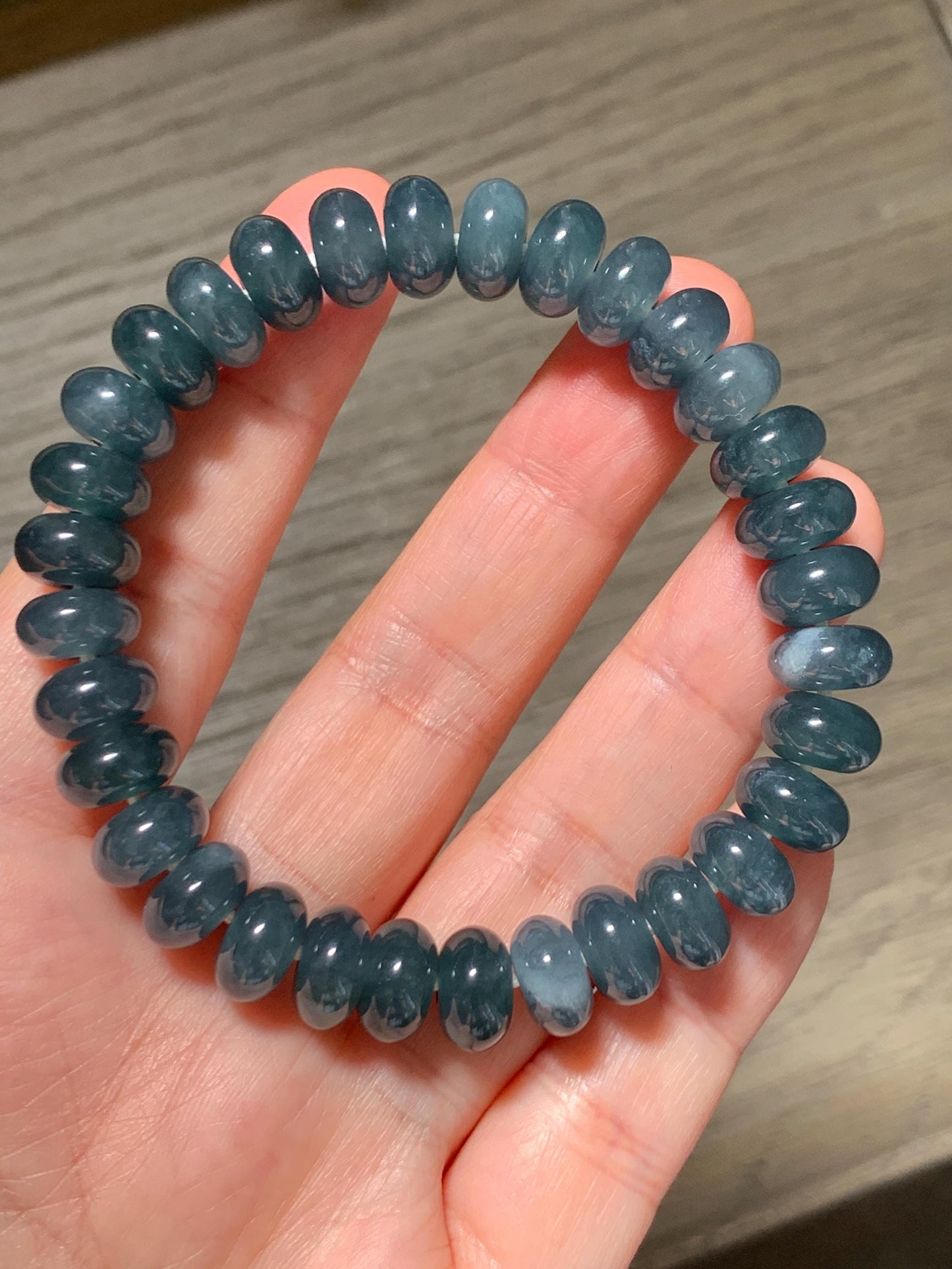 Natural Grade A Guatemalan Icy Translucent Dusty Aegean Blue Jade Jadeite Largr Drum Beads Beaded Bracelet 7.25” 35g 天然冰危暗蓝翡翠鼓珠手串 WAN496B