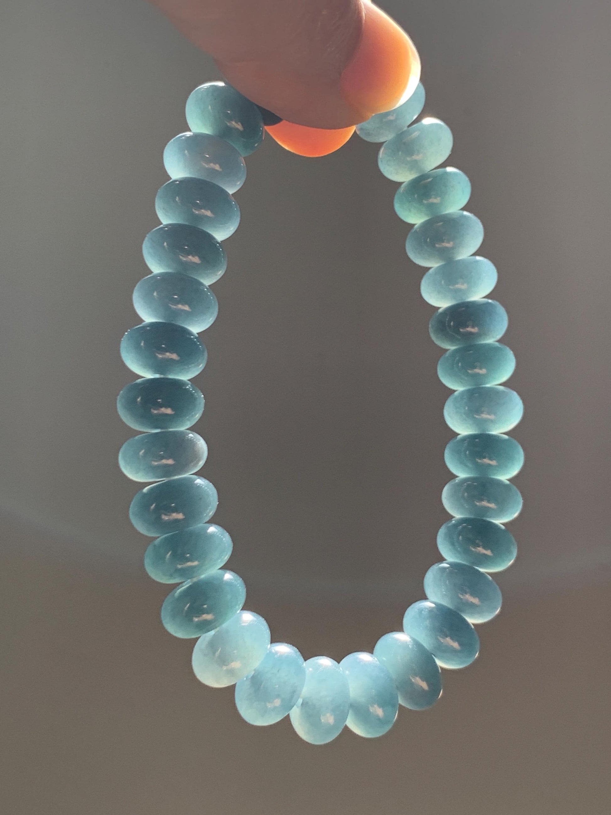 Natural Grade A Guatemalan Icy Translucent Dusty Aegean Blue Jade Jadeite Largr Drum Beads Beaded Bracelet 7.25” 35g 天然冰危暗蓝翡翠鼓珠手串 WAN496B