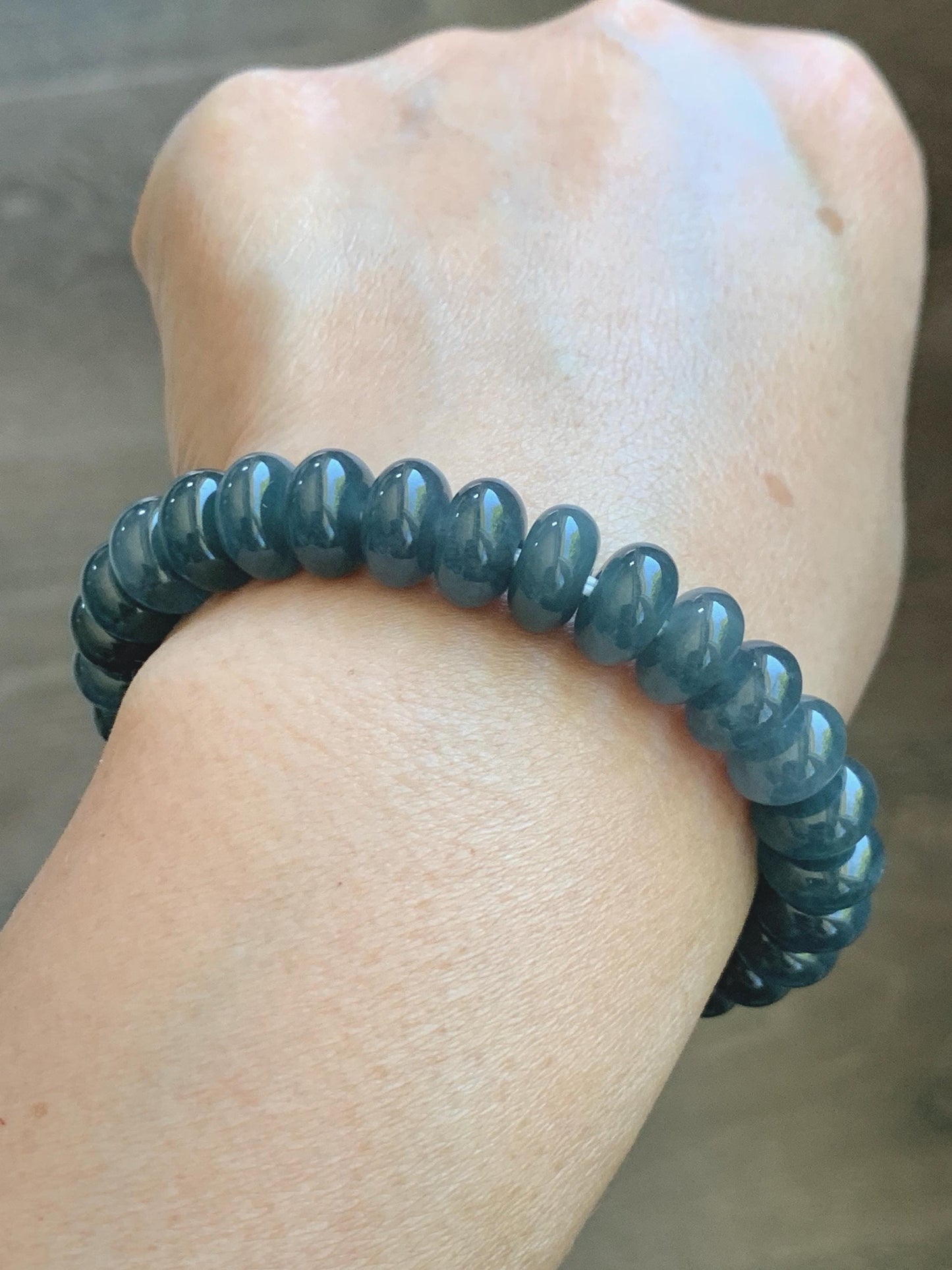 Natural Grade A Guatemalan Icy Translucent Dusty Aegean Blue Jade Jadeite Largr Drum Beads Beaded Bracelet 7.25” 35g 天然冰危暗蓝翡翠鼓珠手串 WAN496B