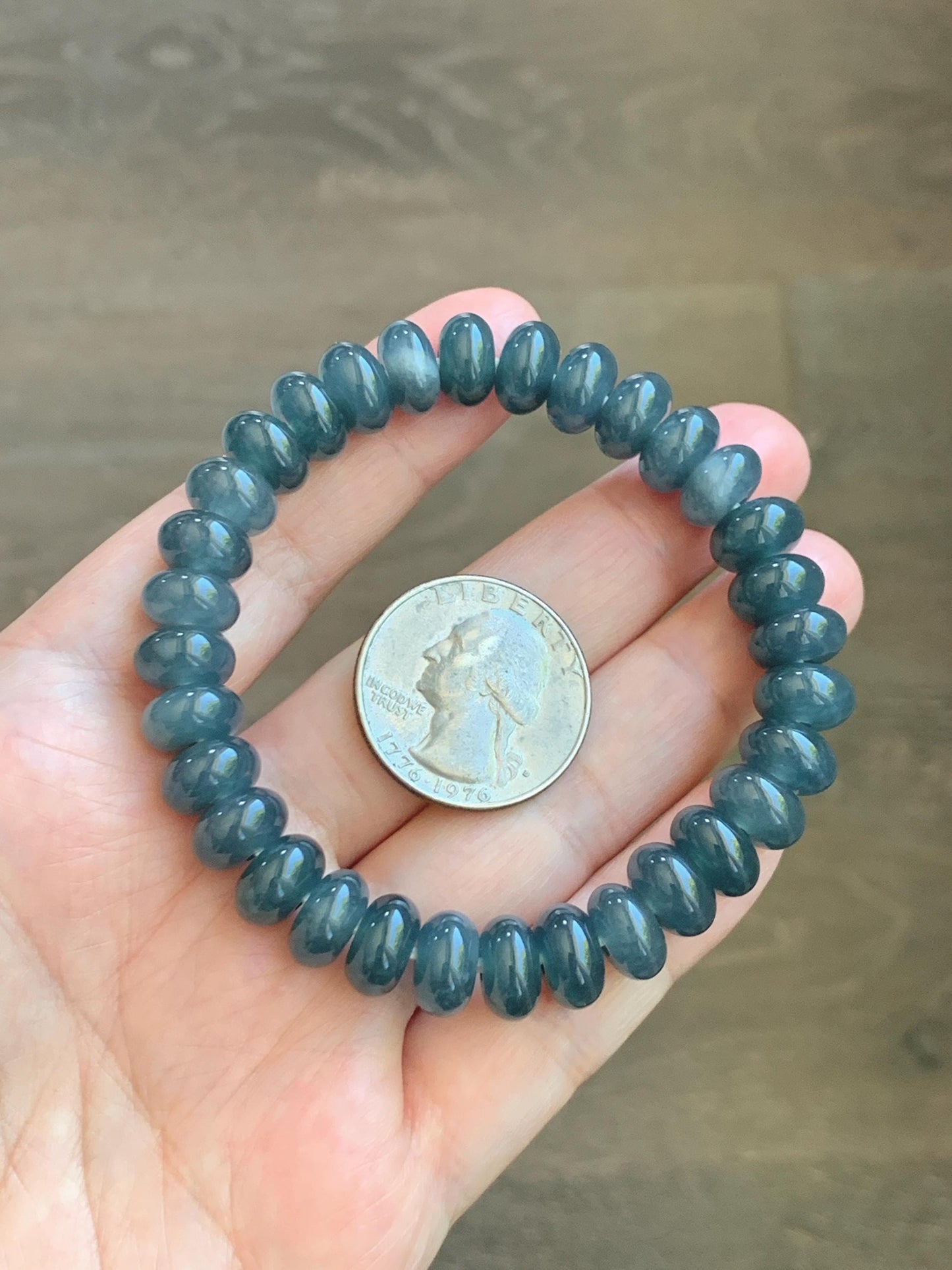 Natural Grade A Guatemalan Icy Translucent Dusty Aegean Blue Jade Jadeite Largr Drum Beads Beaded Bracelet 7.25” 35g 天然冰危暗蓝翡翠鼓珠手串 WAN496B