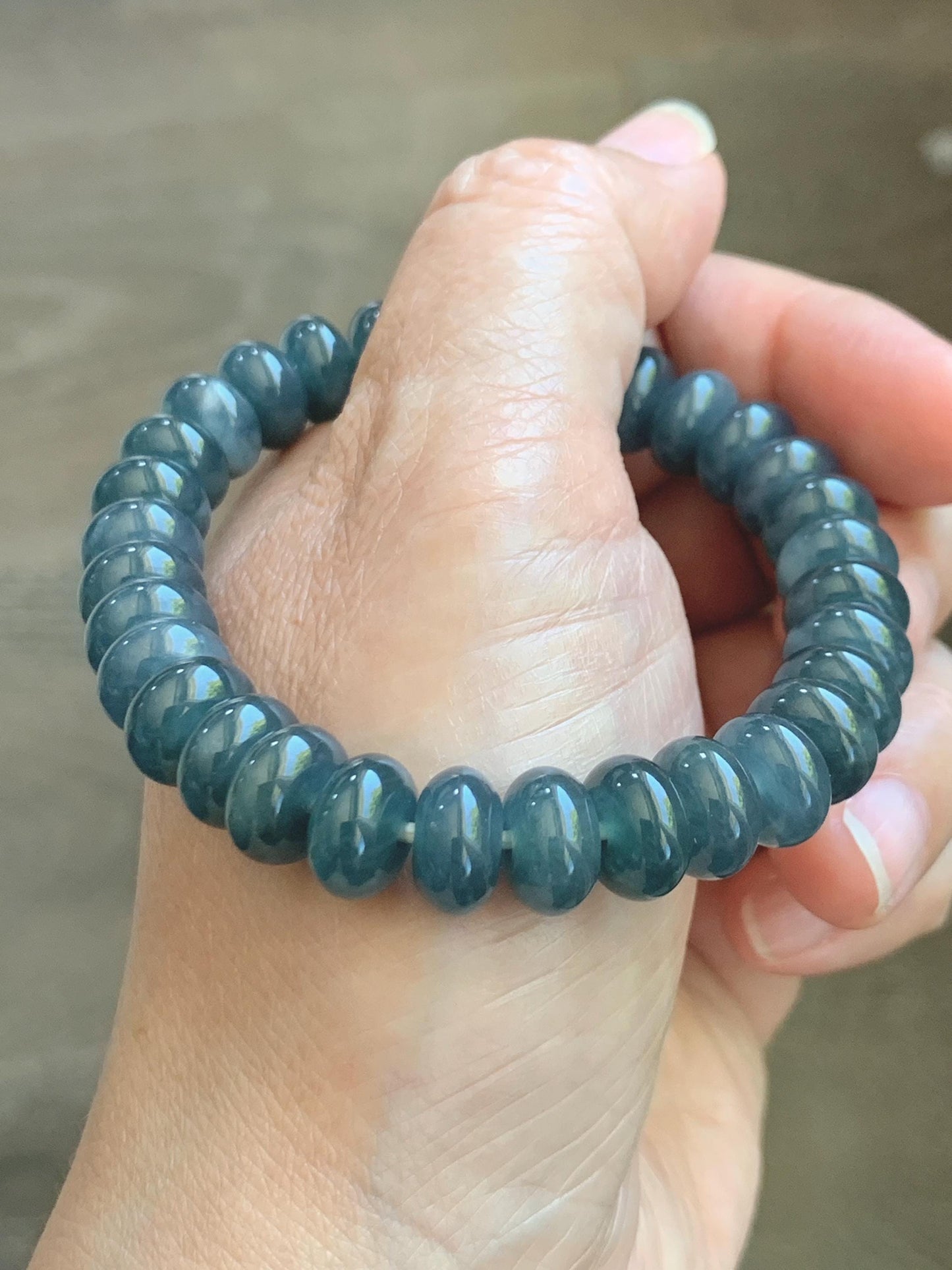 Natural Grade A Guatemalan Icy Translucent Dusty Aegean Blue Jade Jadeite Largr Drum Beads Beaded Bracelet 7.25” 35g 天然冰危暗蓝翡翠鼓珠手串 WAN496B