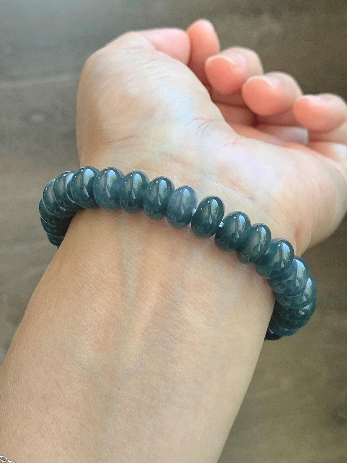 Natural Grade A Guatemalan Icy Translucent Dusty Aegean Blue Jade Jadeite Largr Drum Beads Beaded Bracelet 7.25” 35g 天然冰危暗蓝翡翠鼓珠手串 WAN496B