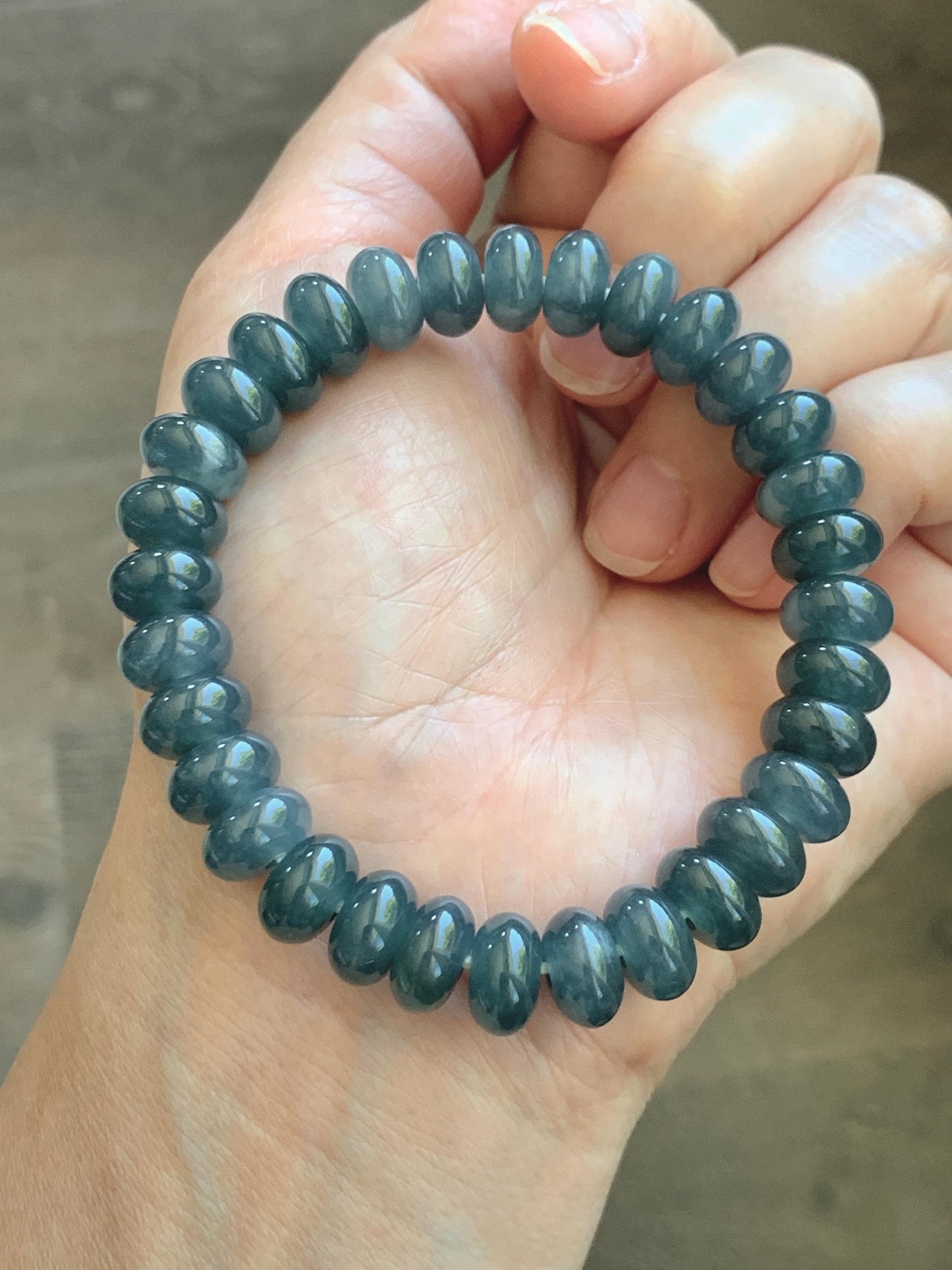 Natural Grade A Guatemalan Icy Translucent Dusty Aegean Blue Jade Jadeite Largr Drum Beads Beaded Bracelet 7.25” 35g 天然冰危暗蓝翡翠鼓珠手串 WAN496B