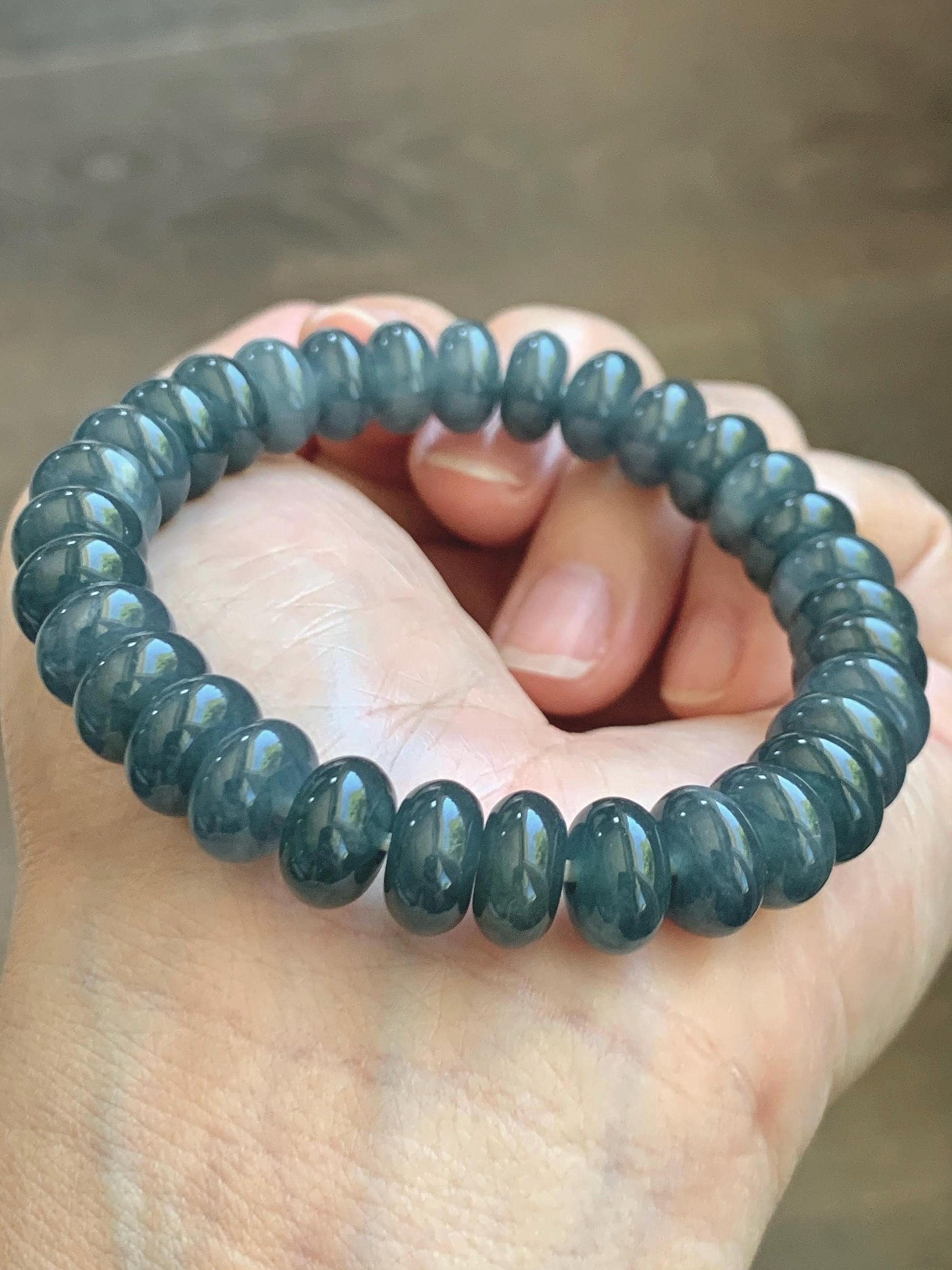 Natural Grade A Guatemalan Icy Translucent Dusty Aegean Blue Jade Jadeite Largr Drum Beads Beaded Bracelet 7.25” 35g 天然冰危暗蓝翡翠鼓珠手串 WAN496B