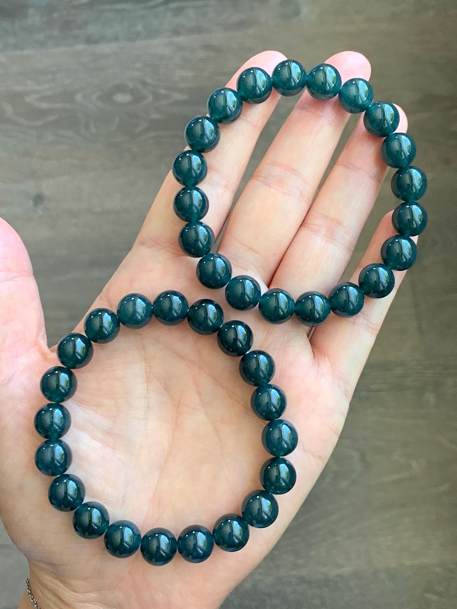 Natural Guatemalan Grade A Icy Translucent Dark Teal Blue Jade Jadeite Beaded Bracelet Stretchy 9.8mm 7.25” 32g 天然冰危深蓝绿翡翠圆珠手串 WSB240