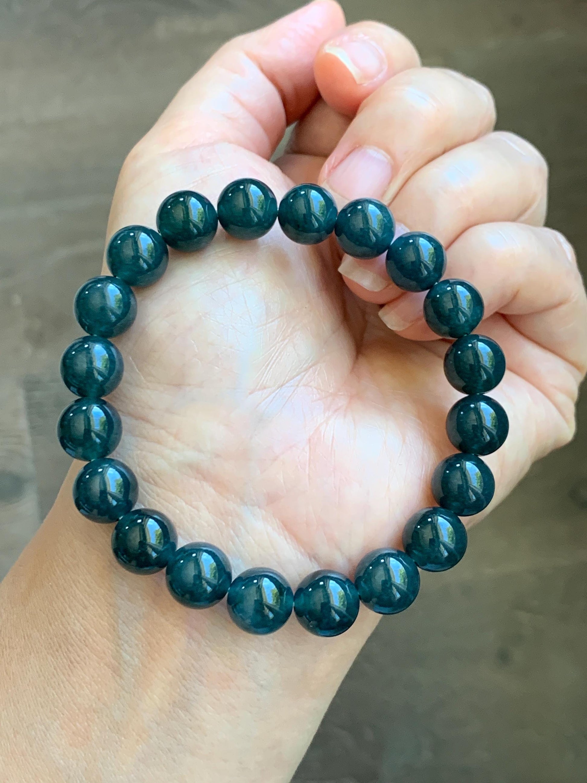 Natural Guatemalan Grade A Icy Translucent Dark Teal Blue Jade Jadeite Beaded Bracelet Stretchy 9.8mm 7.25” 32g 天然冰危深蓝绿翡翠圆珠手串 WSB240