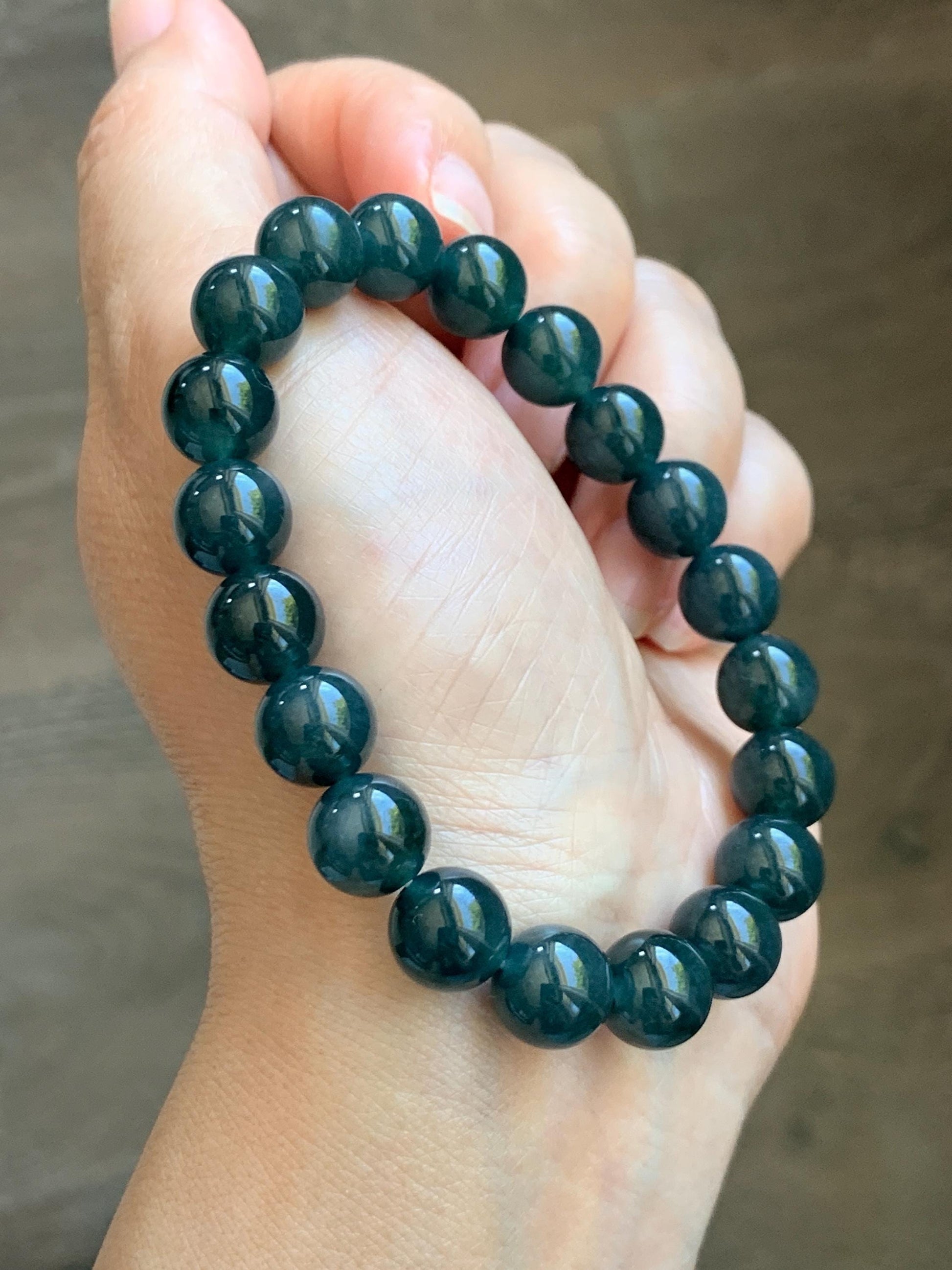 Natural Guatemalan Grade A Icy Translucent Dark Teal Blue Jade Jadeite Beaded Bracelet Stretchy 9.8mm 7.25” 32g 天然冰危深蓝绿翡翠圆珠手串 WSB240