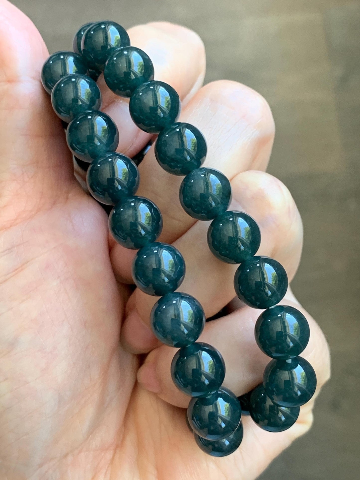 Natural Guatemalan Grade A Icy Translucent Dark Teal Blue Jade Jadeite Beaded Bracelet Stretchy 9.8mm 7.25” 32g 天然冰危深蓝绿翡翠圆珠手串 WSB240