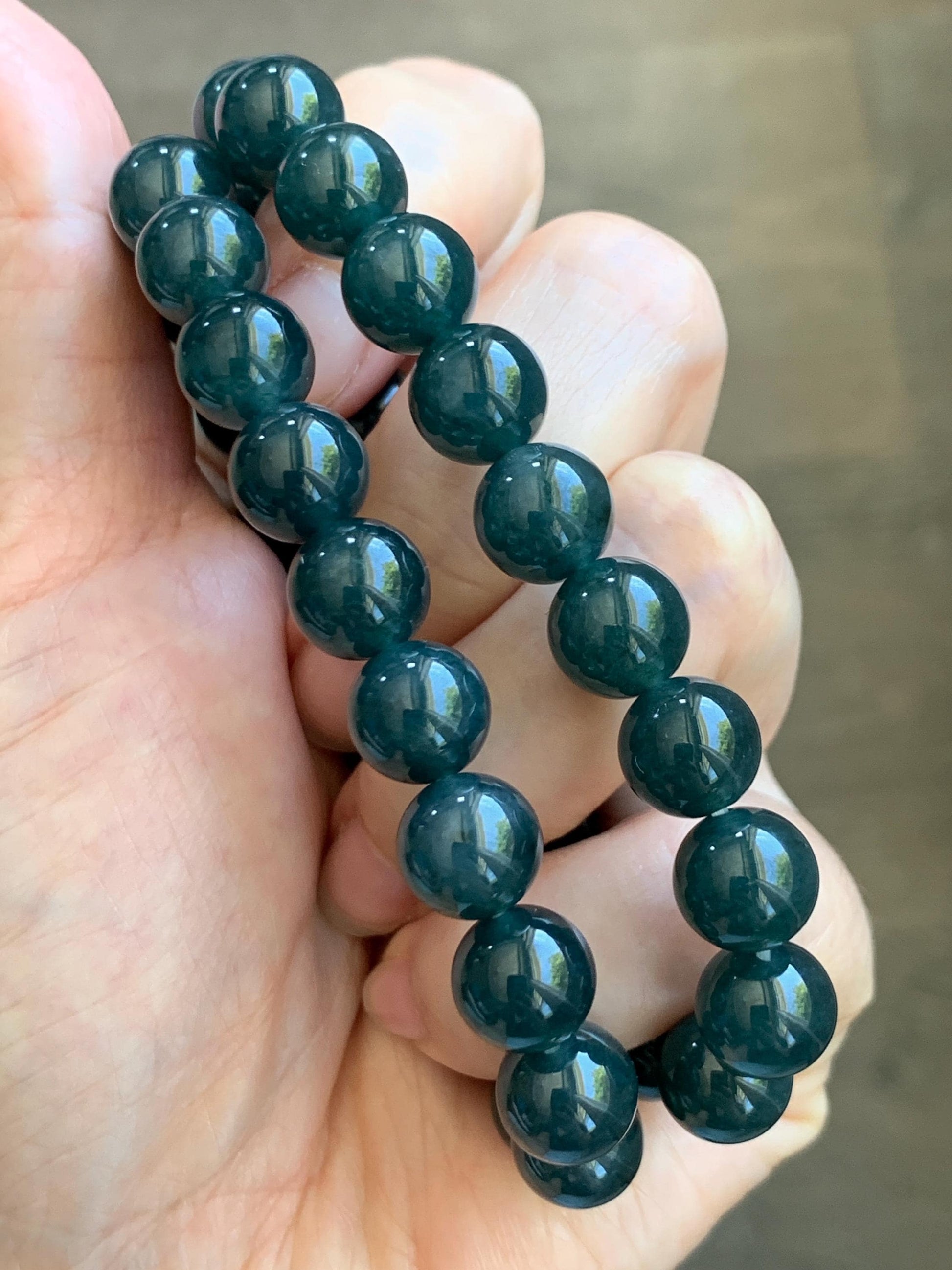 Natural Guatemalan Grade A Icy Translucent Dark Teal Blue Jade Jadeite Beaded Bracelet Stretchy 9.8mm 7.25” 32g 天然冰危深蓝绿翡翠圆珠手串 WSB240