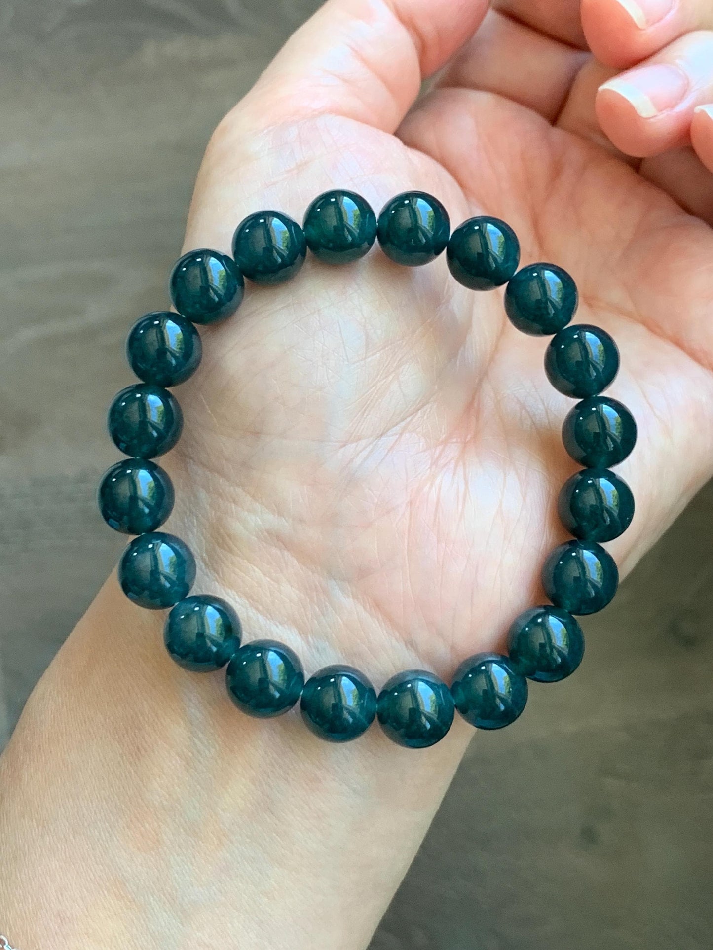 Natural Guatemalan Grade A Icy Translucent Dark Teal Blue Jade Jadeite Beaded Bracelet Stretchy 9.8mm 7.25” 32g 天然冰危深蓝绿翡翠圆珠手串 WSB240