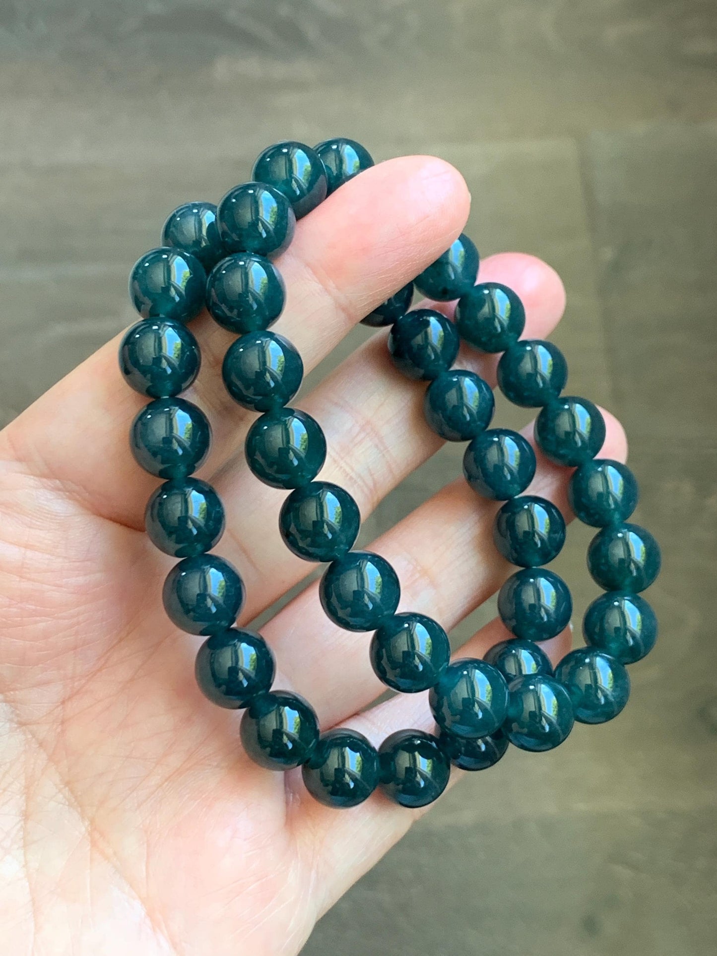 Natural Guatemalan Grade A Icy Translucent Dark Teal Blue Jade Jadeite Beaded Bracelet Stretchy 9.8mm 7.25” 32g 天然冰危深蓝绿翡翠圆珠手串 WSB240