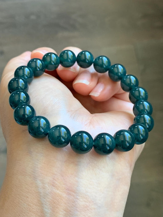 Natural Guatemalan Grade A Icy Translucent Dark Teal Blue Jade Jadeite Beaded Bracelet Stretchy 9.8mm 7.25” 32g 天然冰危深蓝绿翡翠圆珠手串 WSB240
