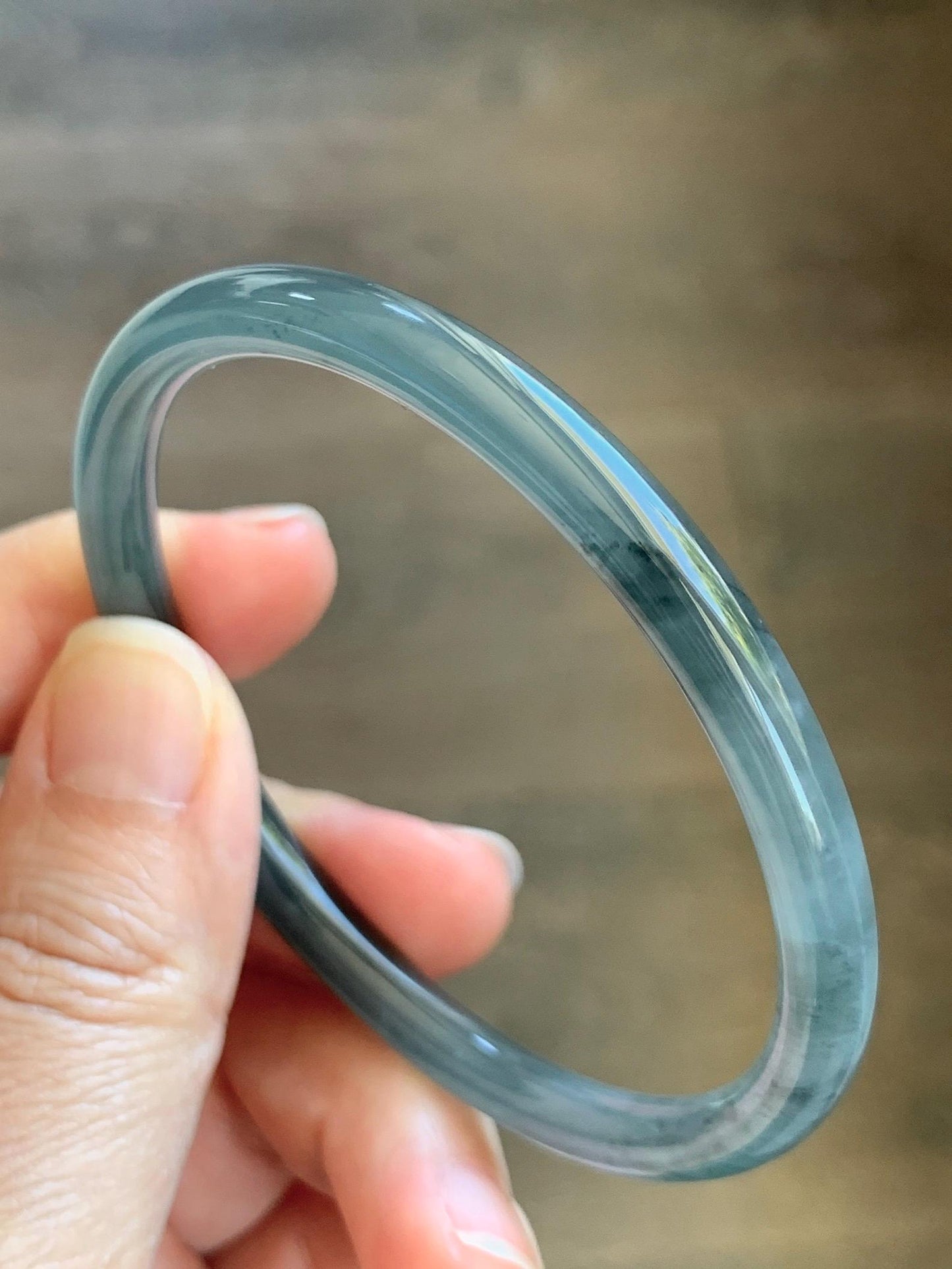 Certified Natural Grade A Guatemalan Icy Translucent Grayish Blue Wuji Marbled Jade Jadeite Bangle Bracelet 59mm 7.3” 天然冰危蓝灰乌鸡细圆条翡翠手镯 191