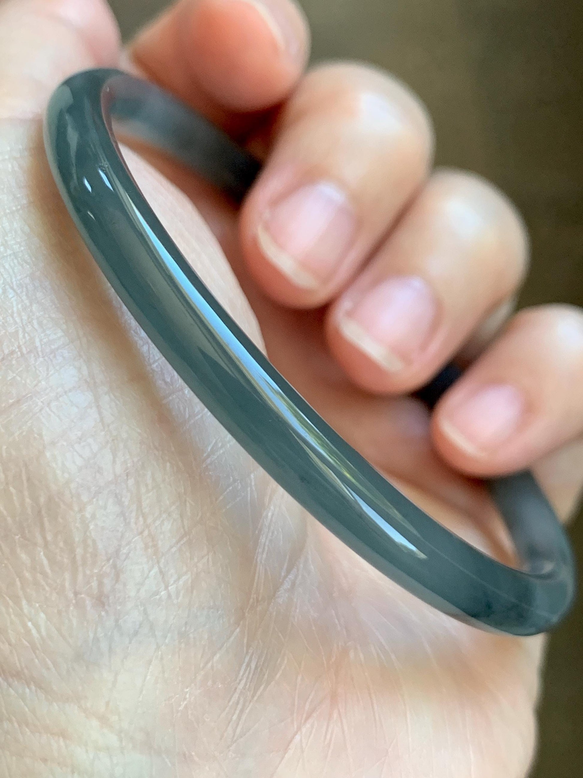 Certified Natural Grade A Guatemalan Icy Translucent Grayish Blue Wuji Marbled Jade Jadeite Bangle Bracelet 59mm 7.3” 天然冰危蓝灰乌鸡细圆条翡翠手镯 191
