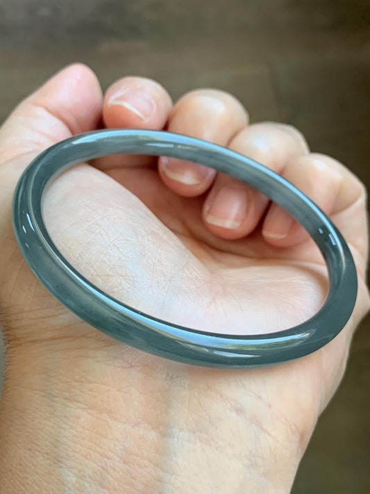 Certified Natural Grade A Guatemalan Icy Translucent Grayish Blue Wuji Marbled Jade Jadeite Bangle Bracelet 59mm 7.3” 天然冰危蓝灰乌鸡细圆条翡翠手镯 191