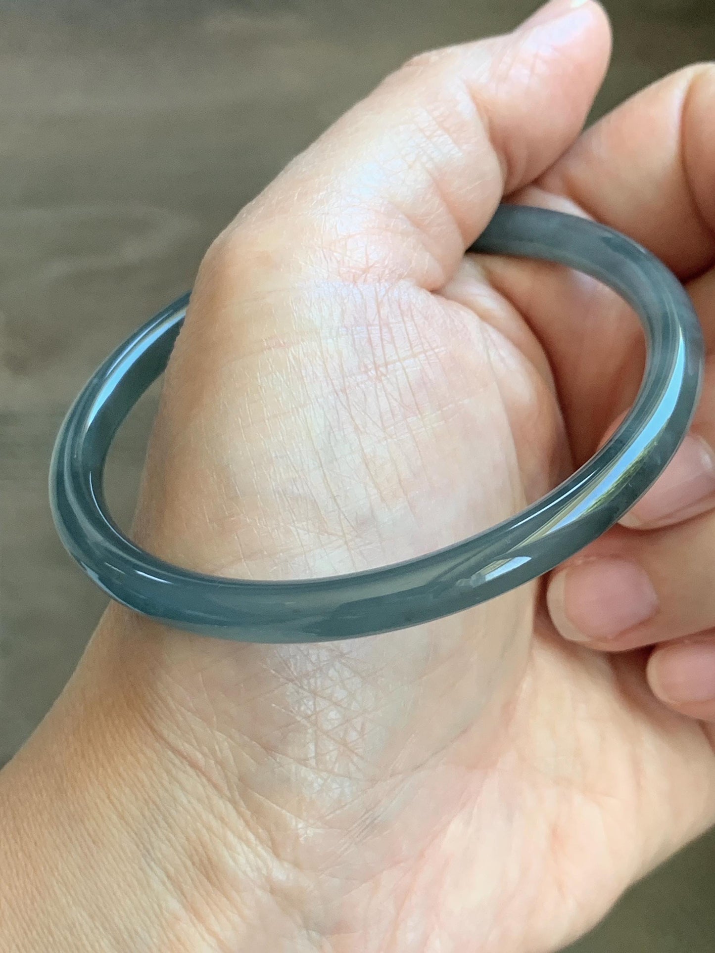 Certified Natural Grade A Guatemalan Icy Translucent Grayish Blue Wuji Marbled Jade Jadeite Bangle Bracelet 59mm 7.3” 天然冰危蓝灰乌鸡细圆条翡翠手镯 191