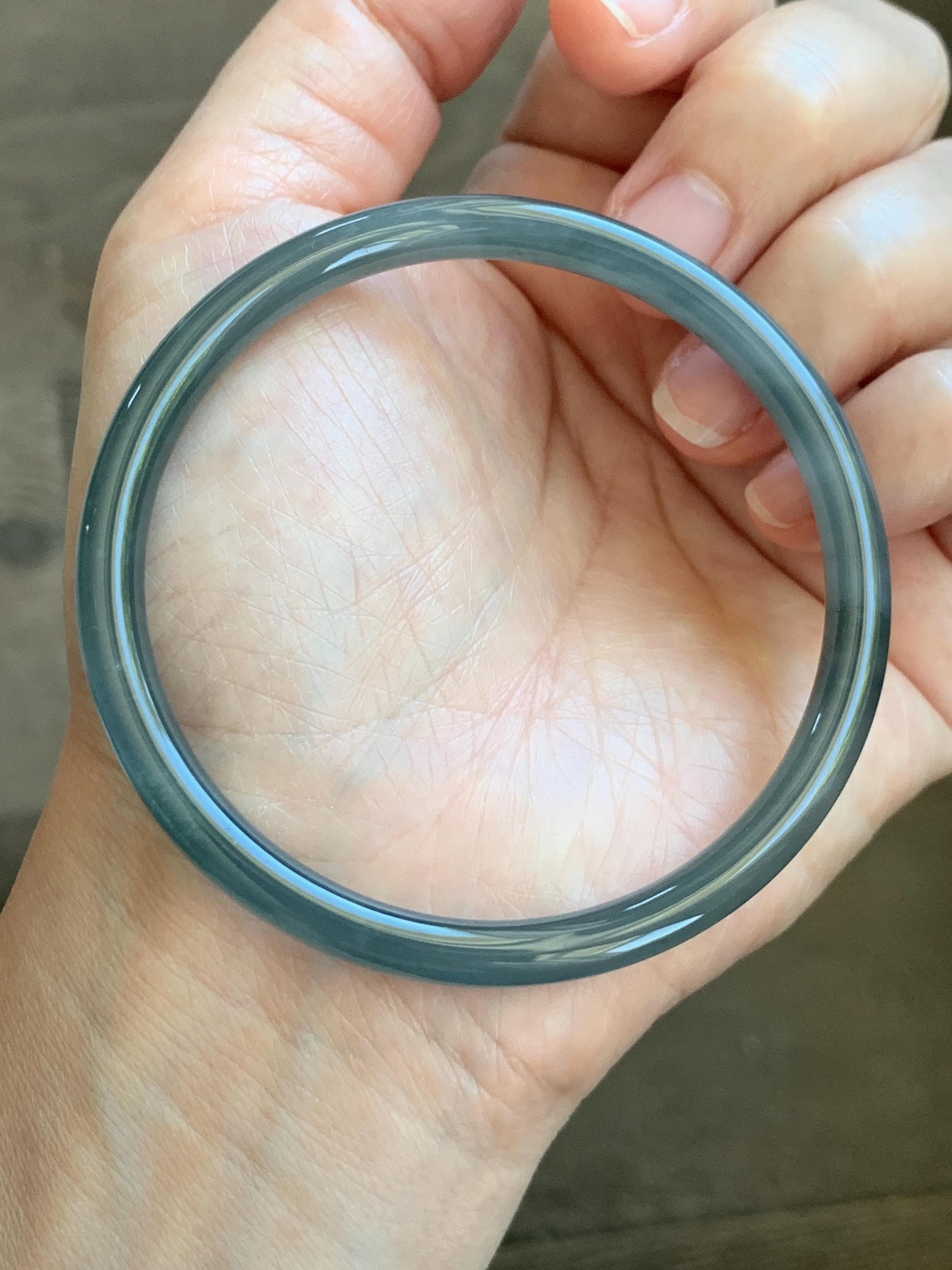 Certified Natural Grade A Guatemalan Icy Translucent Grayish Blue Wuji Marbled Jade Jadeite Bangle Bracelet 59mm 7.3” 天然冰危蓝灰乌鸡细圆条翡翠手镯 191
