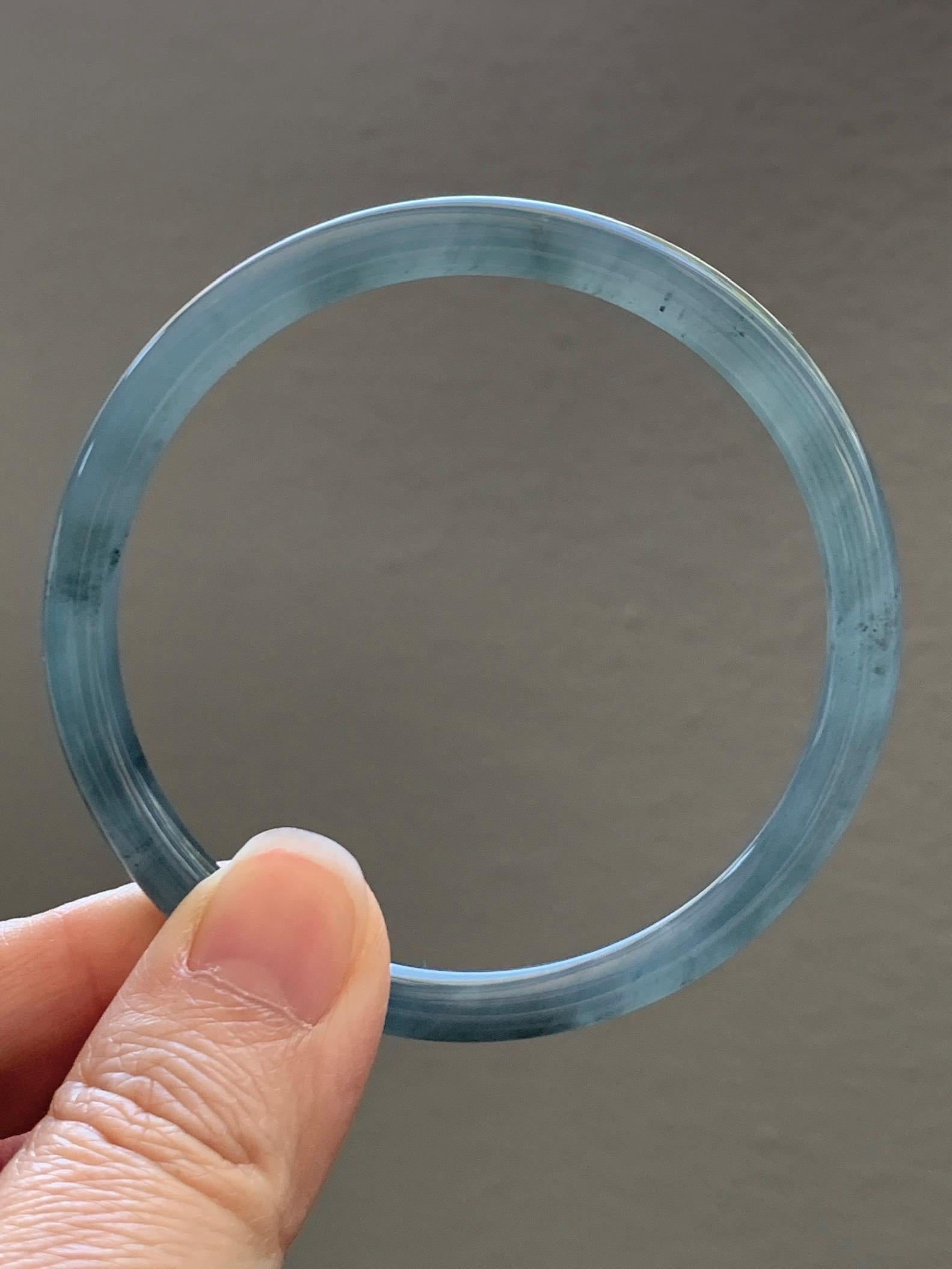 Certified Natural Grade A Guatemalan Icy Translucent Grayish Blue Wuji Marbled Jade Jadeite Bangle Bracelet 57.13mm 7” 天然冰危蓝灰乌鸡细圆条翡翠手镯 190