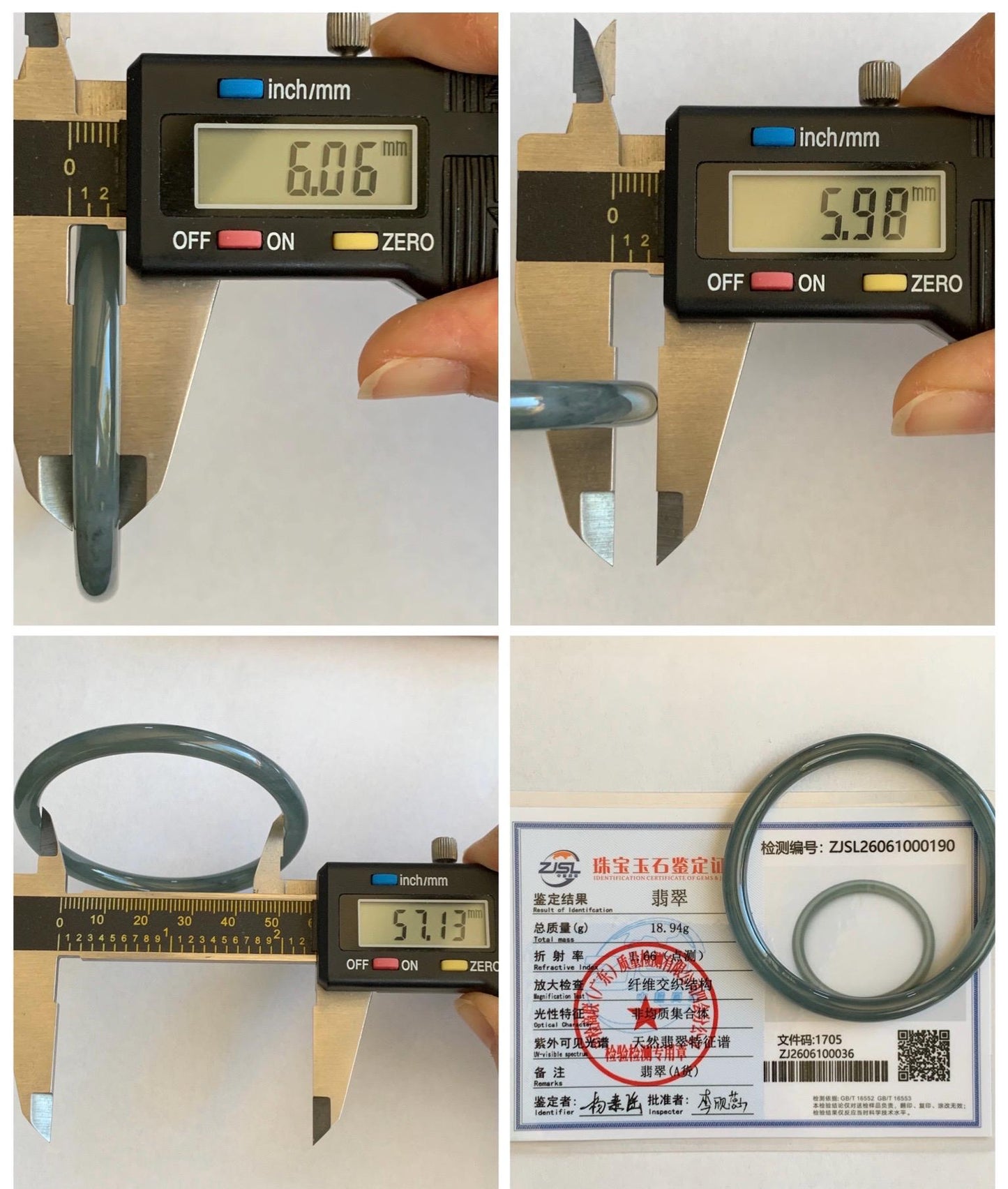 Certified Natural Grade A Guatemalan Icy Translucent Grayish Blue Wuji Marbled Jade Jadeite Bangle Bracelet 57.13mm 7” 天然冰危蓝灰乌鸡细圆条翡翠手镯 190