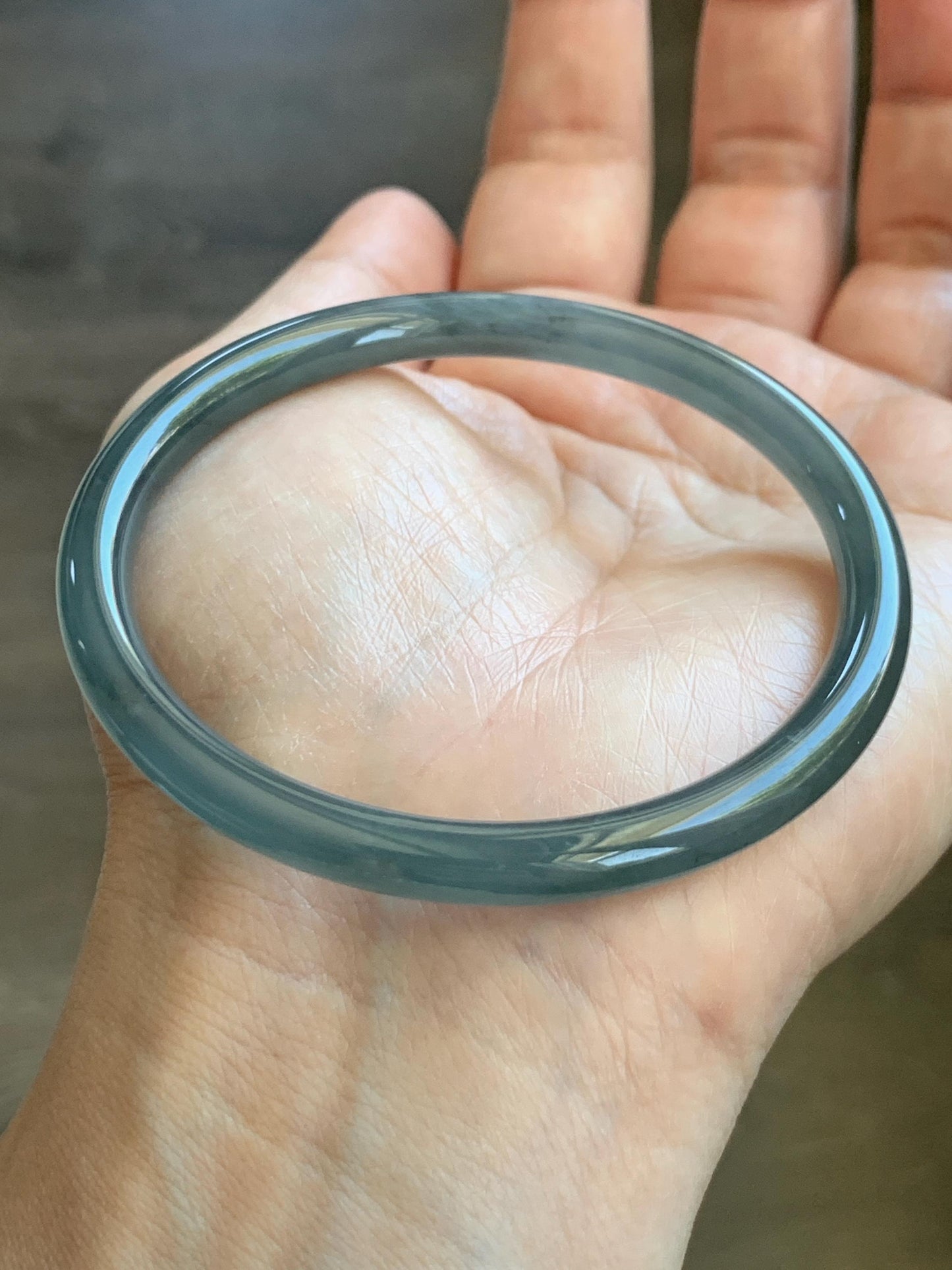 Certified Natural Grade A Guatemalan Icy Translucent Grayish Blue Wuji Marbled Jade Jadeite Bangle Bracelet 57.13mm 7” 天然冰危蓝灰乌鸡细圆条翡翠手镯 190