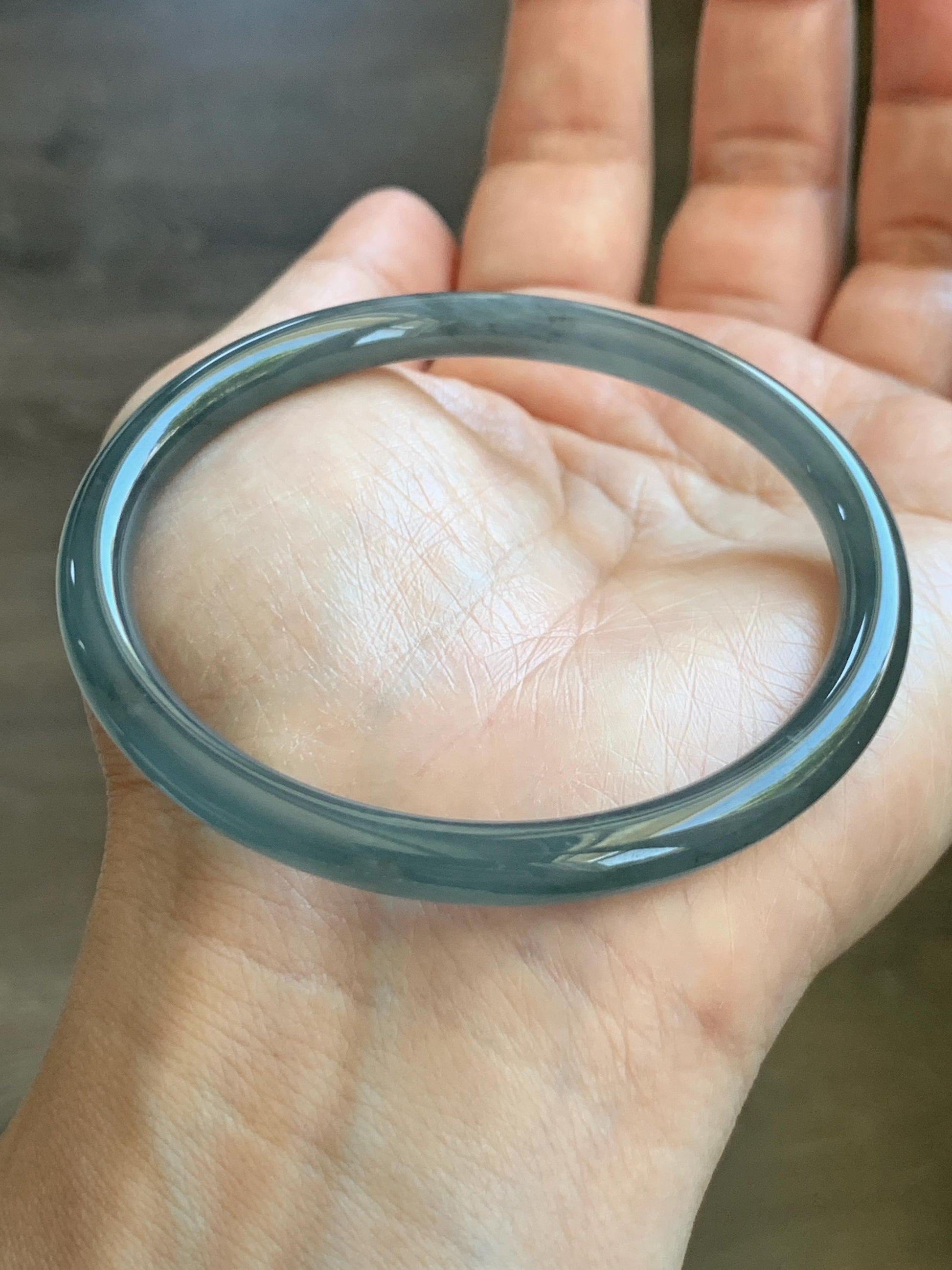 Certified Natural Grade A Guatemalan Icy Translucent Grayish Blue Wuji Marbled Jade Jadeite Bangle Bracelet 57.13mm 7” 天然冰危蓝灰乌鸡细圆条翡翠手镯 190