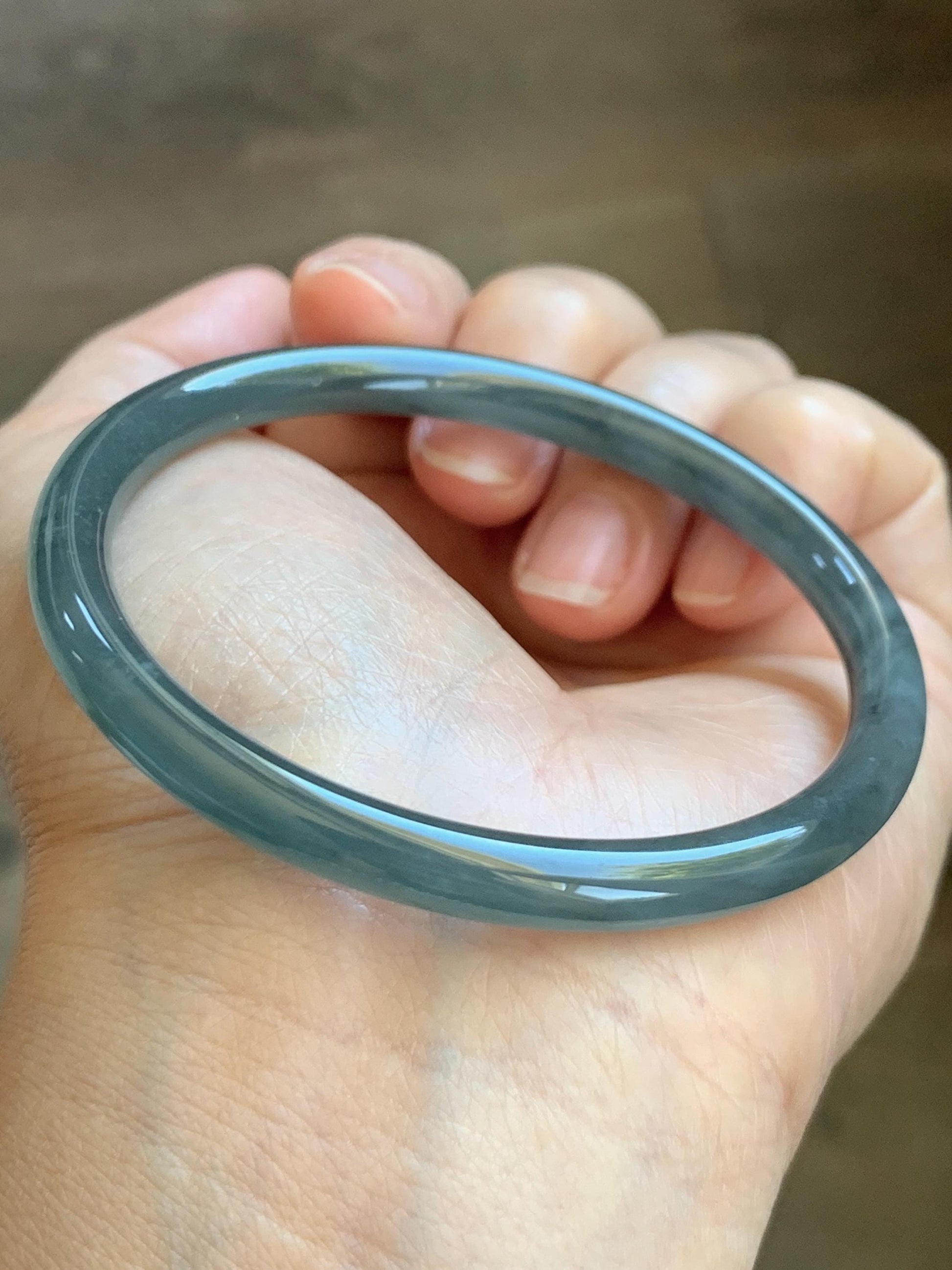 Certified Natural Grade A Guatemalan Icy Translucent Grayish Blue Wuji Marbled Jade Jadeite Bangle Bracelet 57.13mm 7” 天然冰危蓝灰乌鸡细圆条翡翠手镯 190