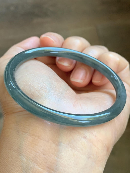 Certified Natural Grade A Guatemalan Icy Translucent Grayish Blue Wuji Marbled Jade Jadeite Bangle Bracelet 57.13mm 7” 天然冰危蓝灰乌鸡细圆条翡翠手镯 190