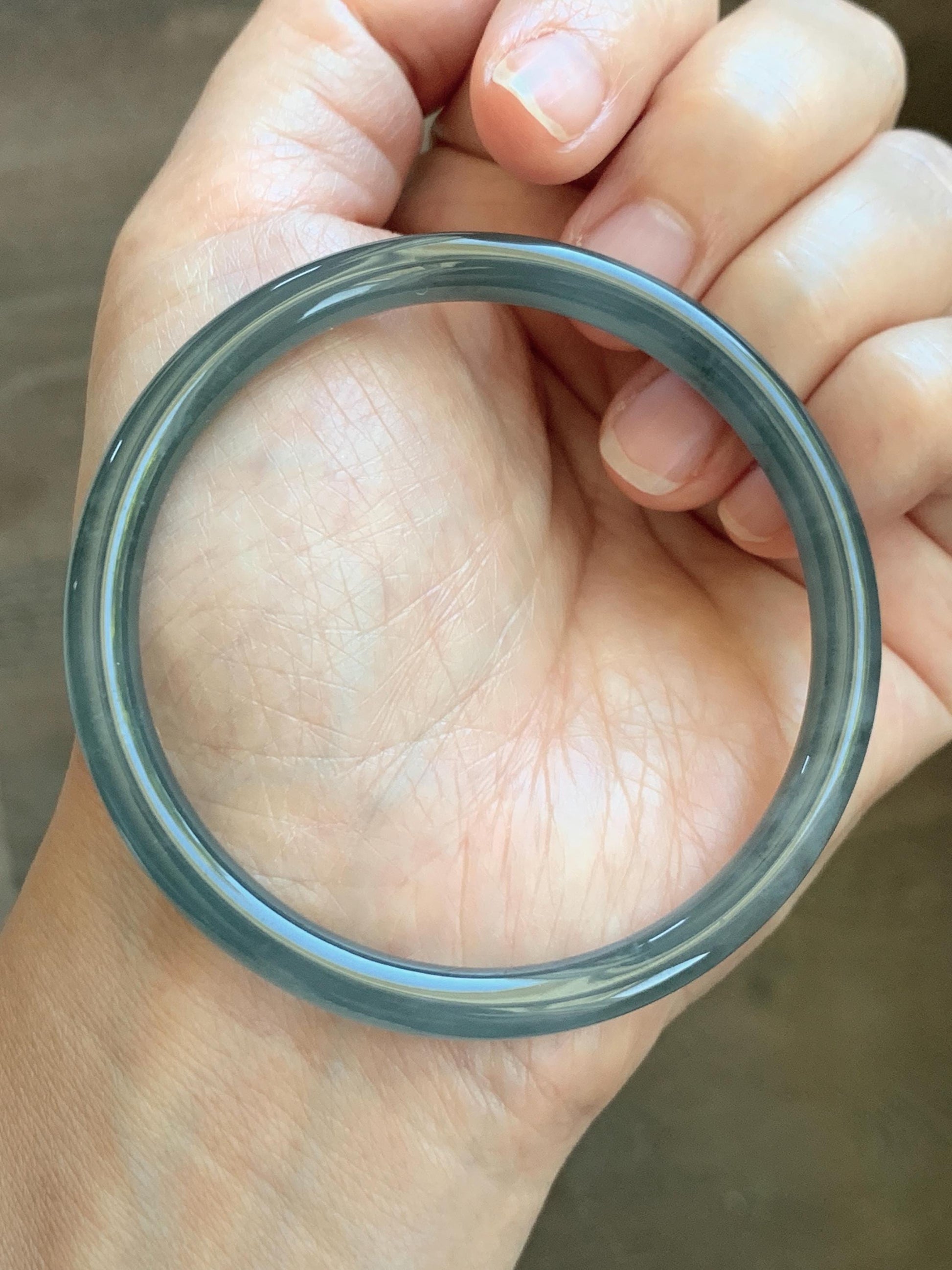 Certified Natural Grade A Guatemalan Icy Translucent Grayish Blue Wuji Marbled Jade Jadeite Bangle Bracelet 57.13mm 7” 天然冰危蓝灰乌鸡细圆条翡翠手镯 190