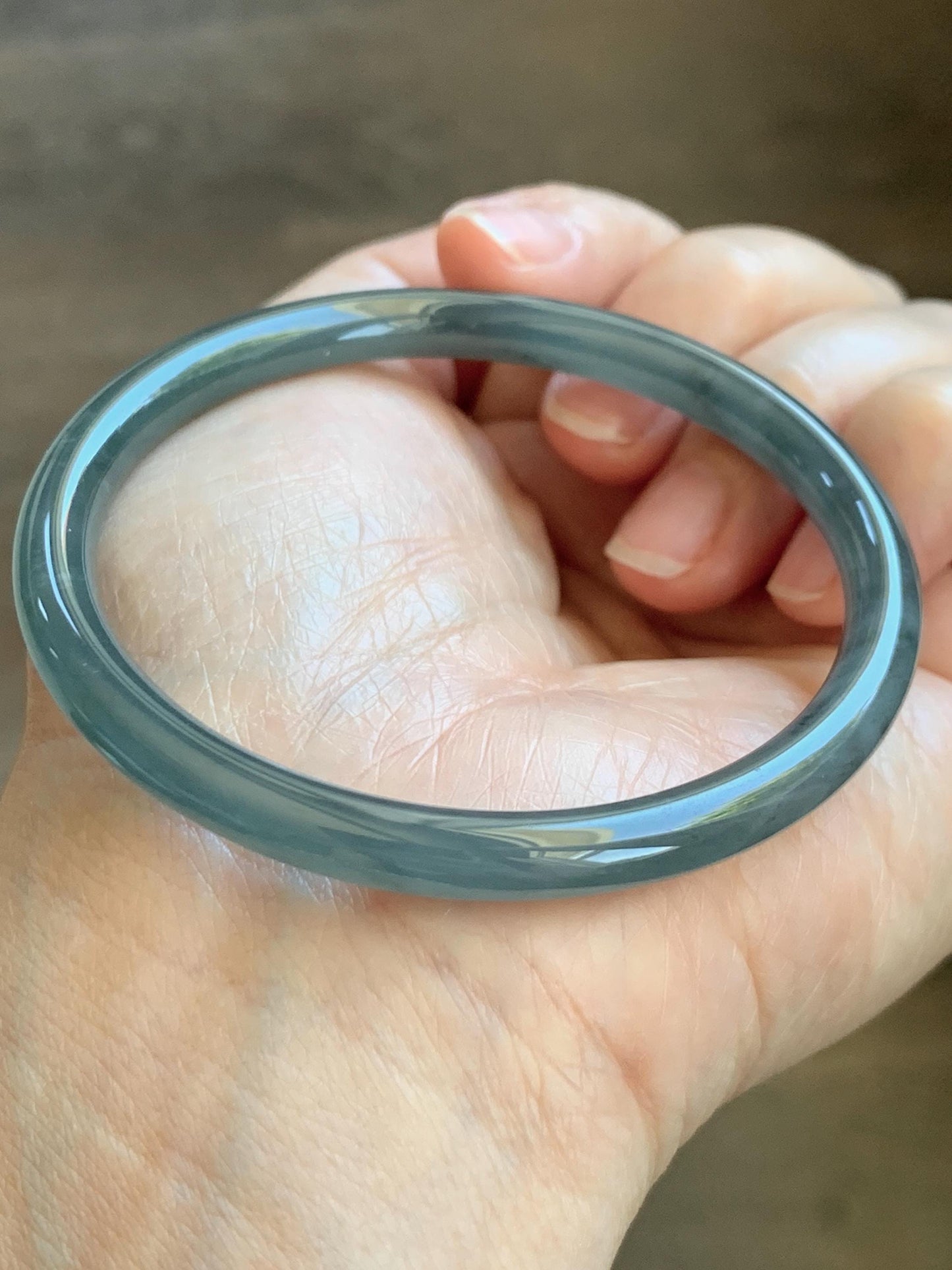 Certified Natural Grade A Guatemalan Icy Translucent Grayish Blue Wuji Marbled Jade Jadeite Bangle Bracelet 57.13mm 7” 天然冰危蓝灰乌鸡细圆条翡翠手镯 190